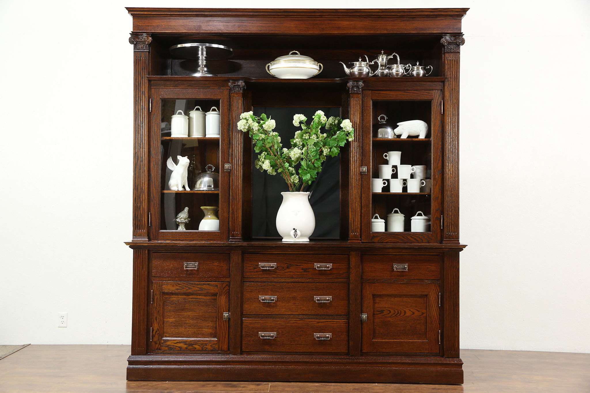 Sold Oak 1900 Antique Back Bar Or China Cabinet Sideboard With