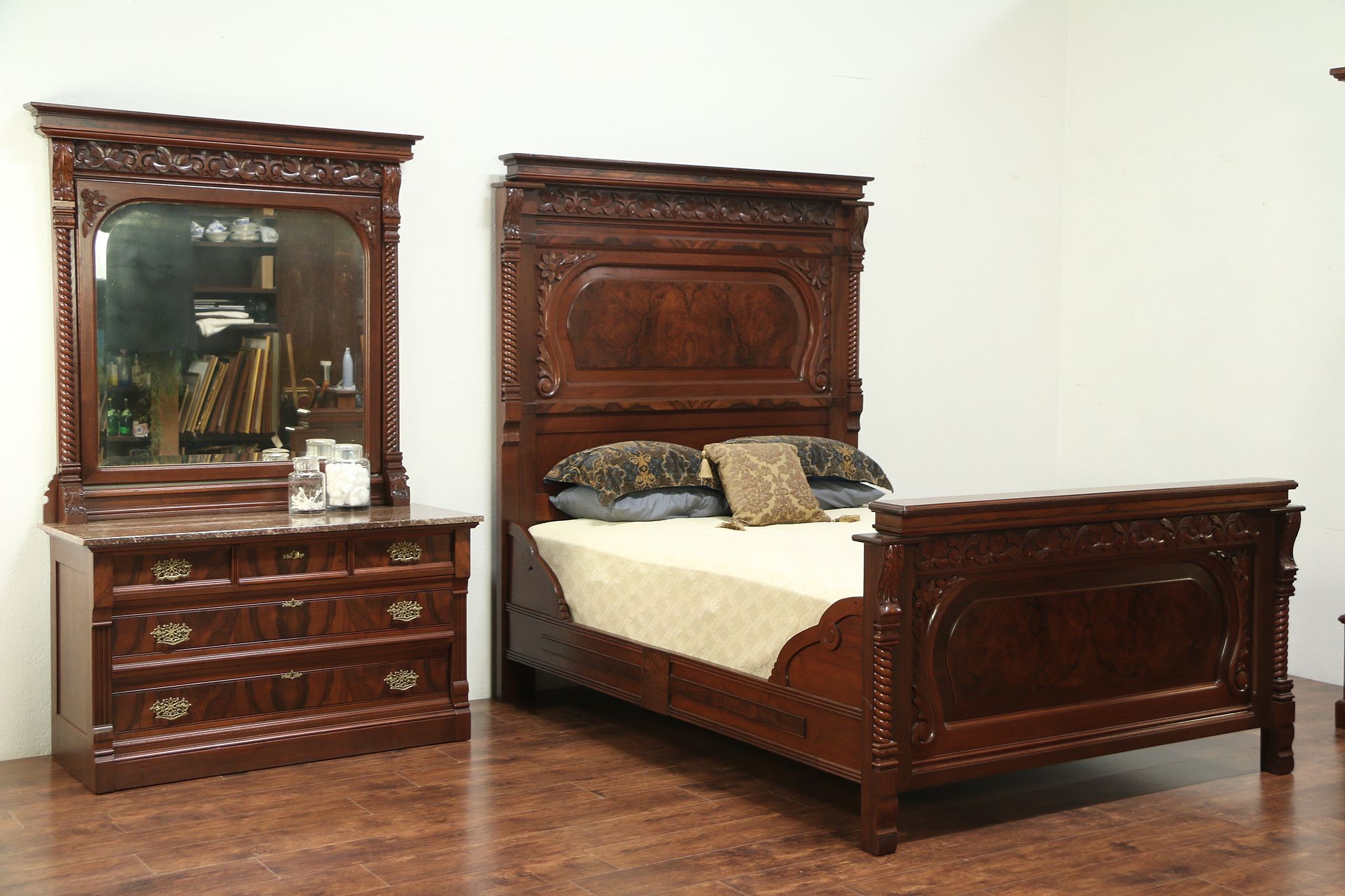 Victorian Eastlake Walnut Burl Queen Size Bed Set Marble Top Dresser 29132