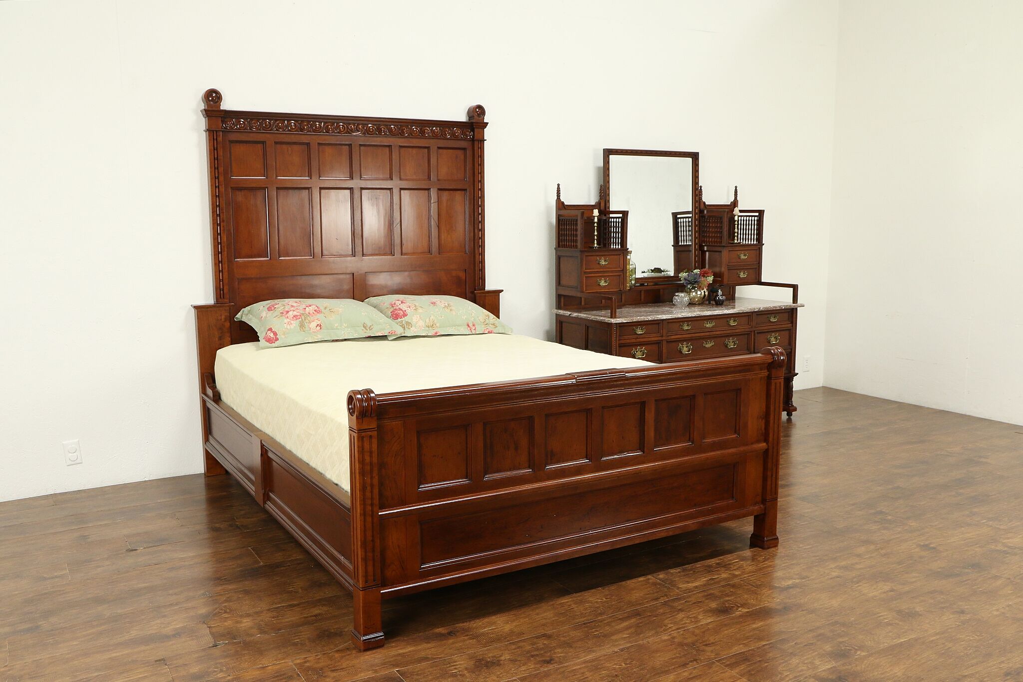 Carved Cherry Antique Bedroom Set Queen Size Bed Marble Top Dresser 31732