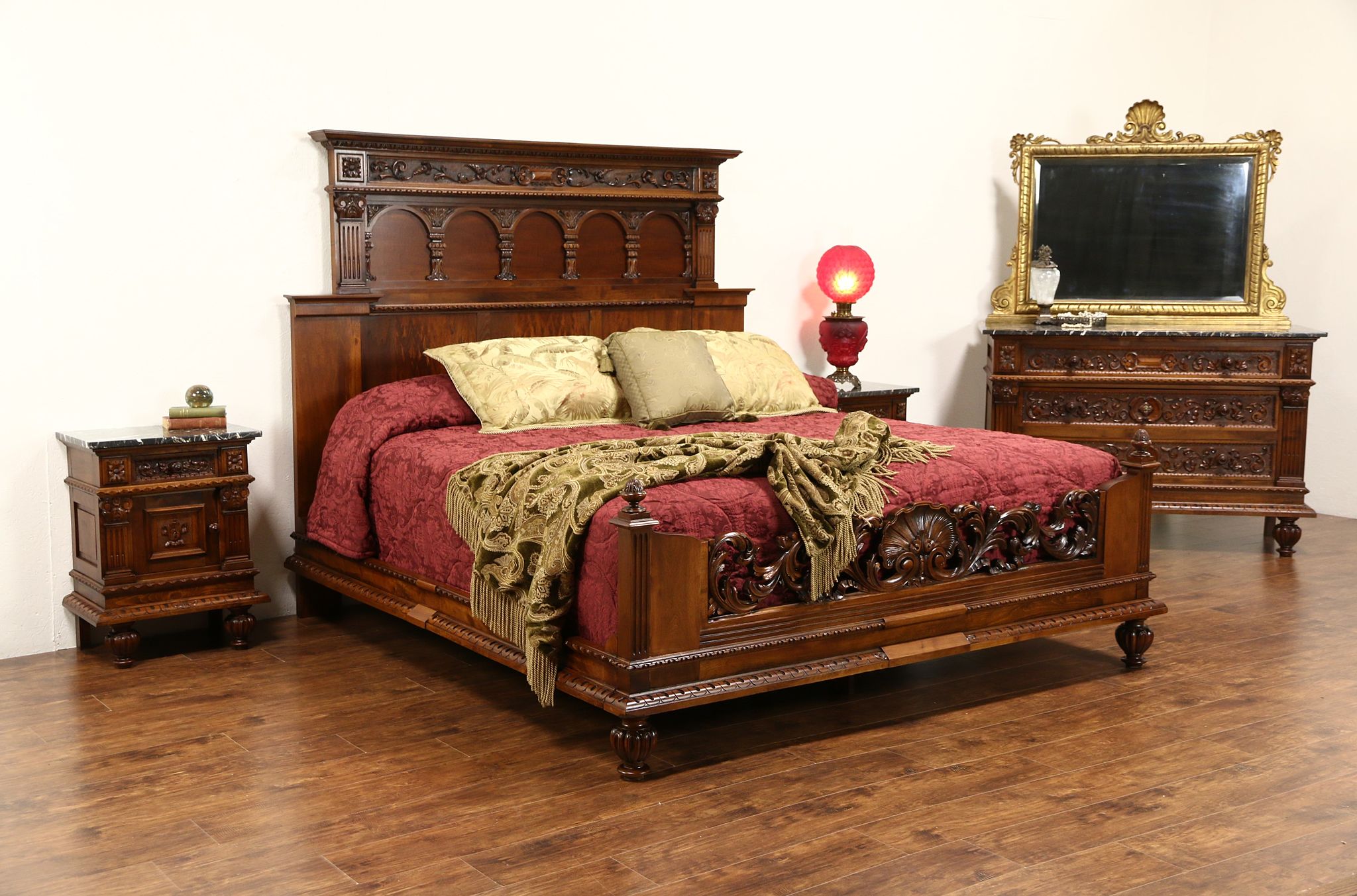 Italian Renaissance 1900 S Antique King Size 4 Pc Bedroom Set Marble Top Chests