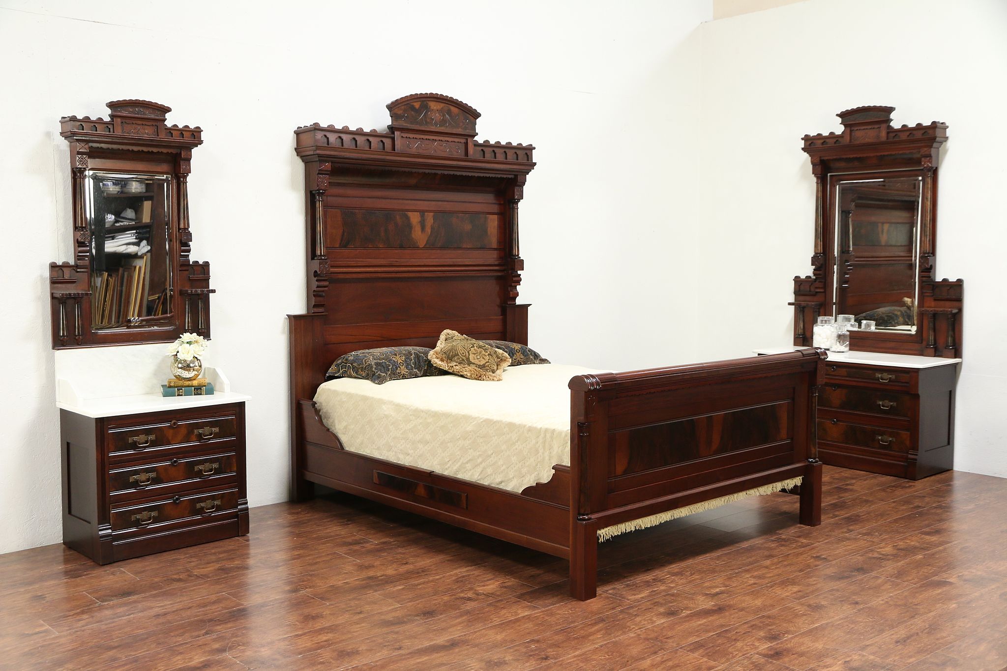 Victorian Antique Walnut 3 Pc Queen Size Bedroom Set Marble Tops 29241