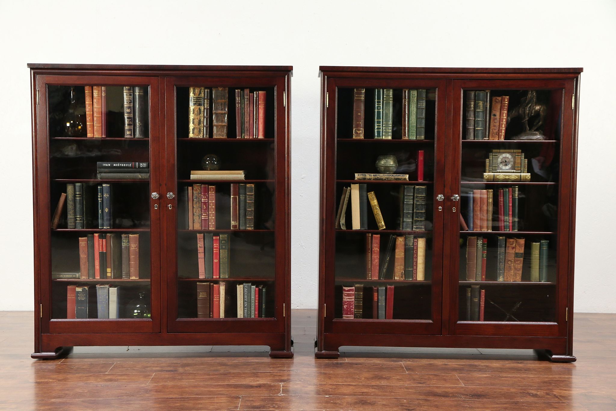 أيهما مجرى الى جانب ذلك  Pair Antique Mahogany Library Bookcases, Glass Doors, Adjustable Shelves