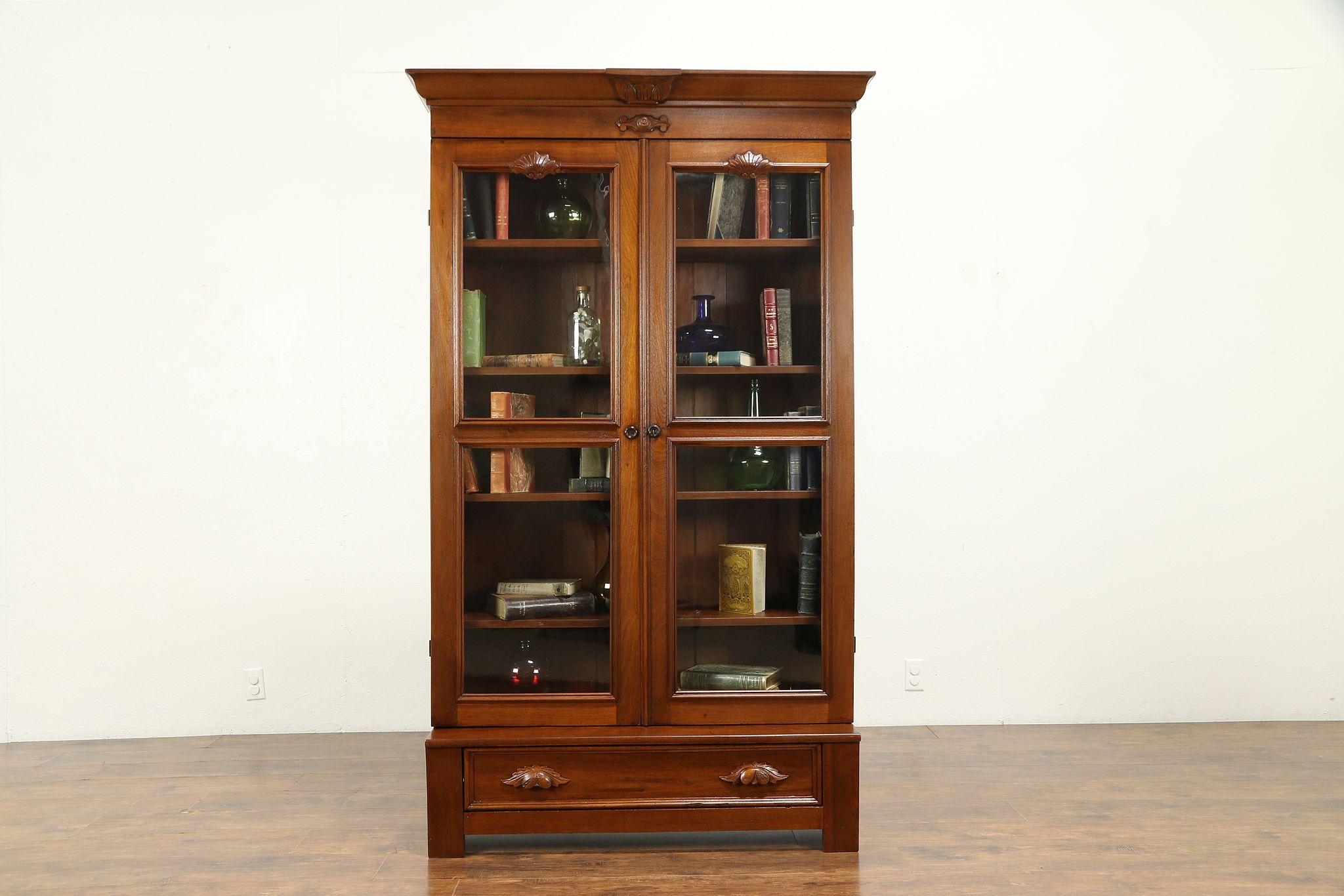 Sold Victorian Antique Carved Walnut Library Bookcase Wavy