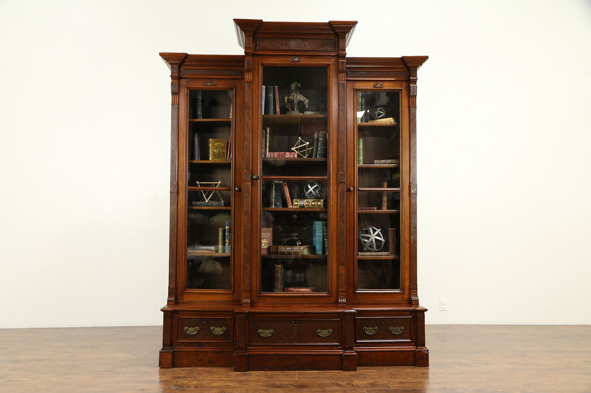 Victorian Eastlake Antique Walnut Triple Bookcase Wavy Glass