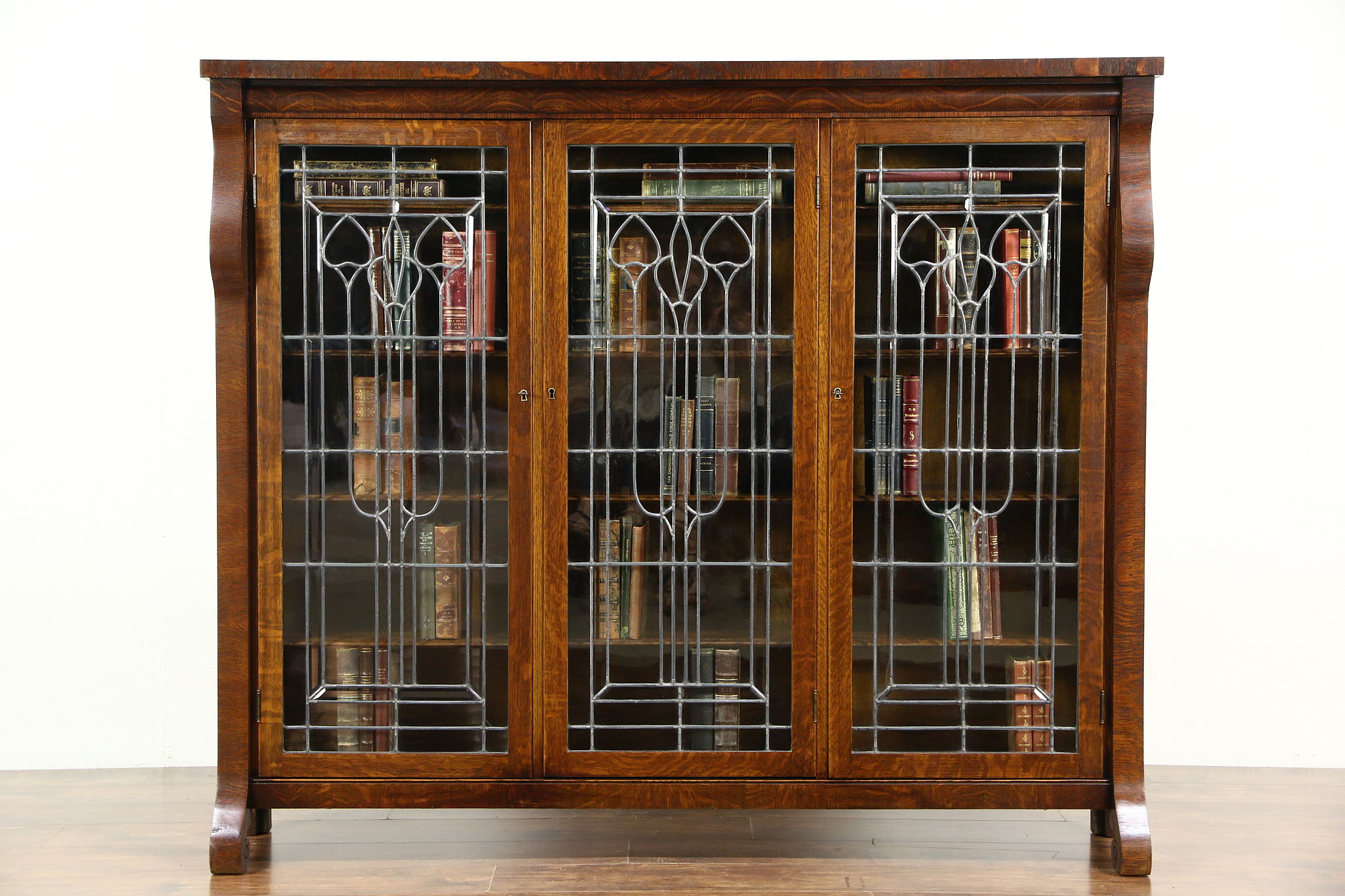 Sold Oak 1900 Antique Empire Triple Library Bookcase Leaded