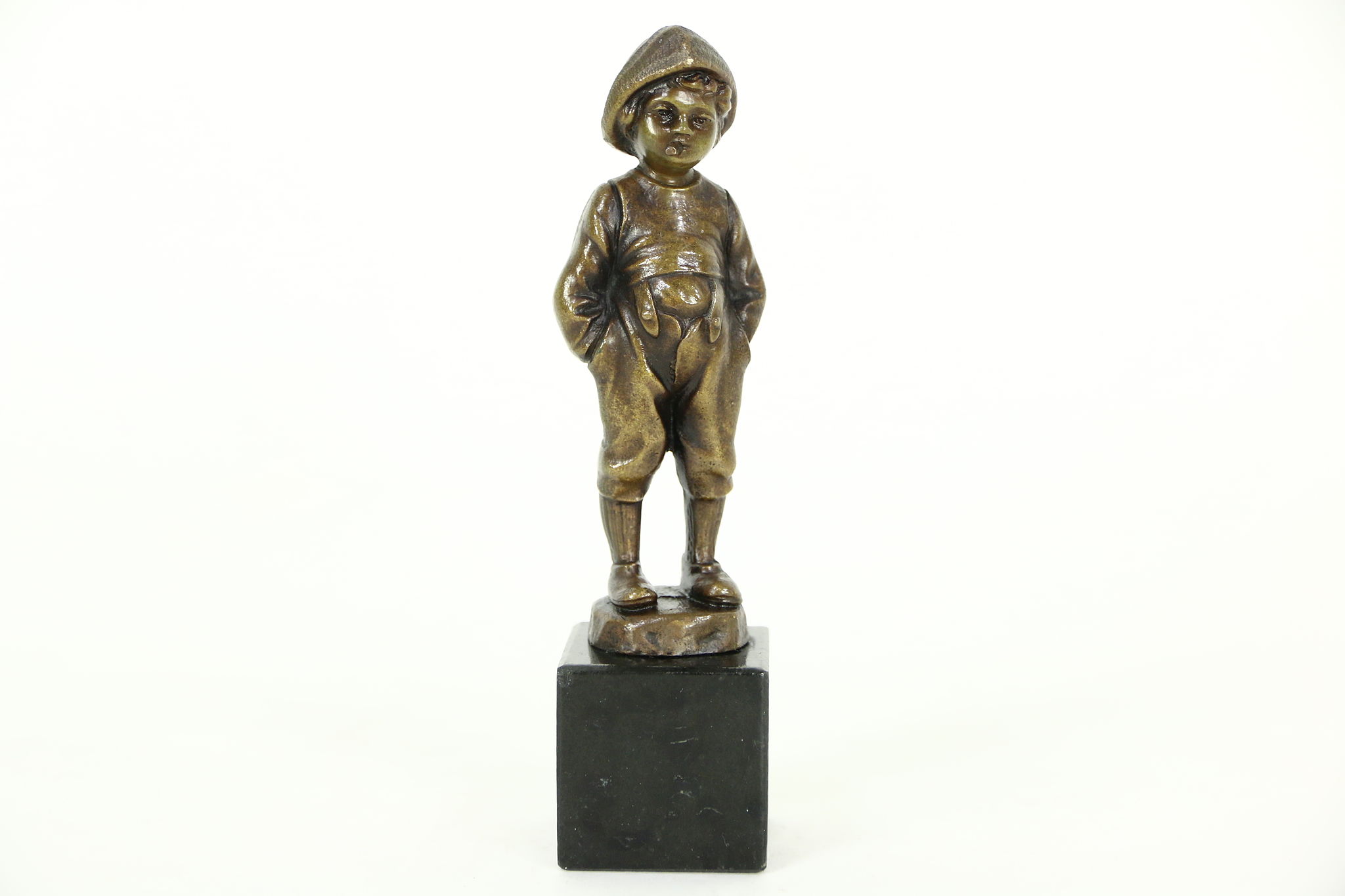 Antique-European Superb Small Artisan Crafted Bronze Statue of A Cobbler's Boy Smoking On Marble Base-circa 1910