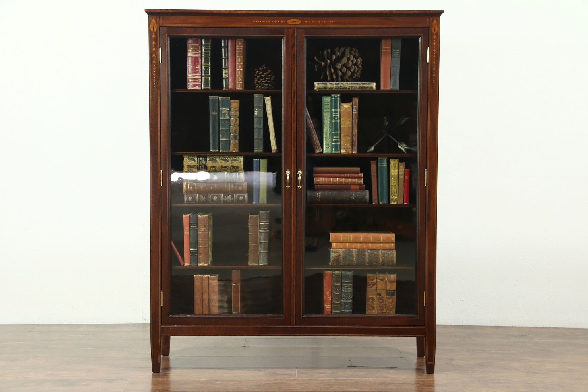 Sold Mahogany Antique Library Bookcase Inlaid Marquetry Wavy