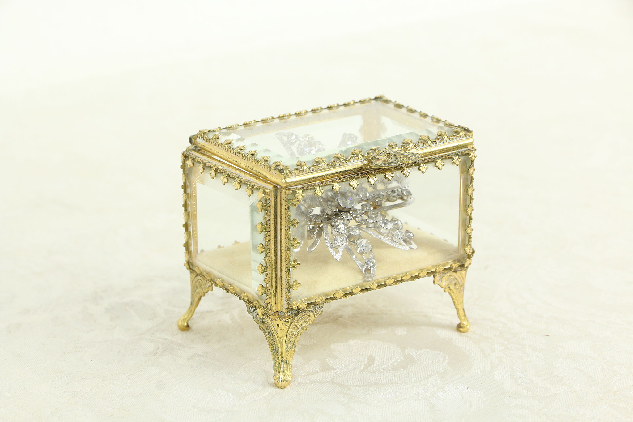 Gold Plated Beveled Glass Vintage Jewelry Box Signed Stylebuilt