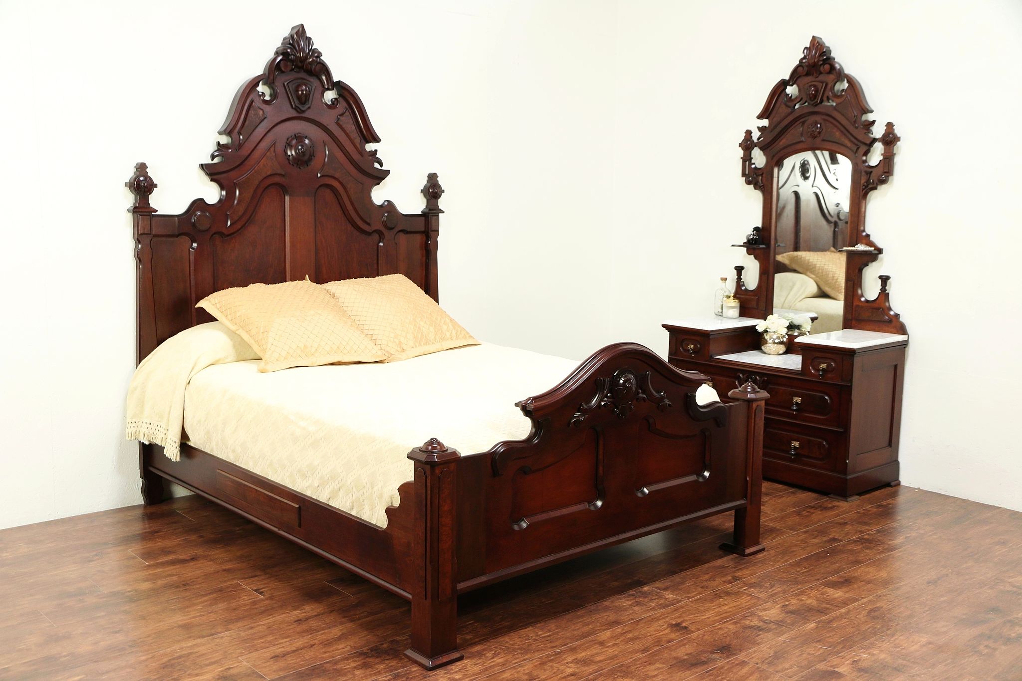 Sold Victorian Antique Queen Size Walnut Bedroom Set Marble Top