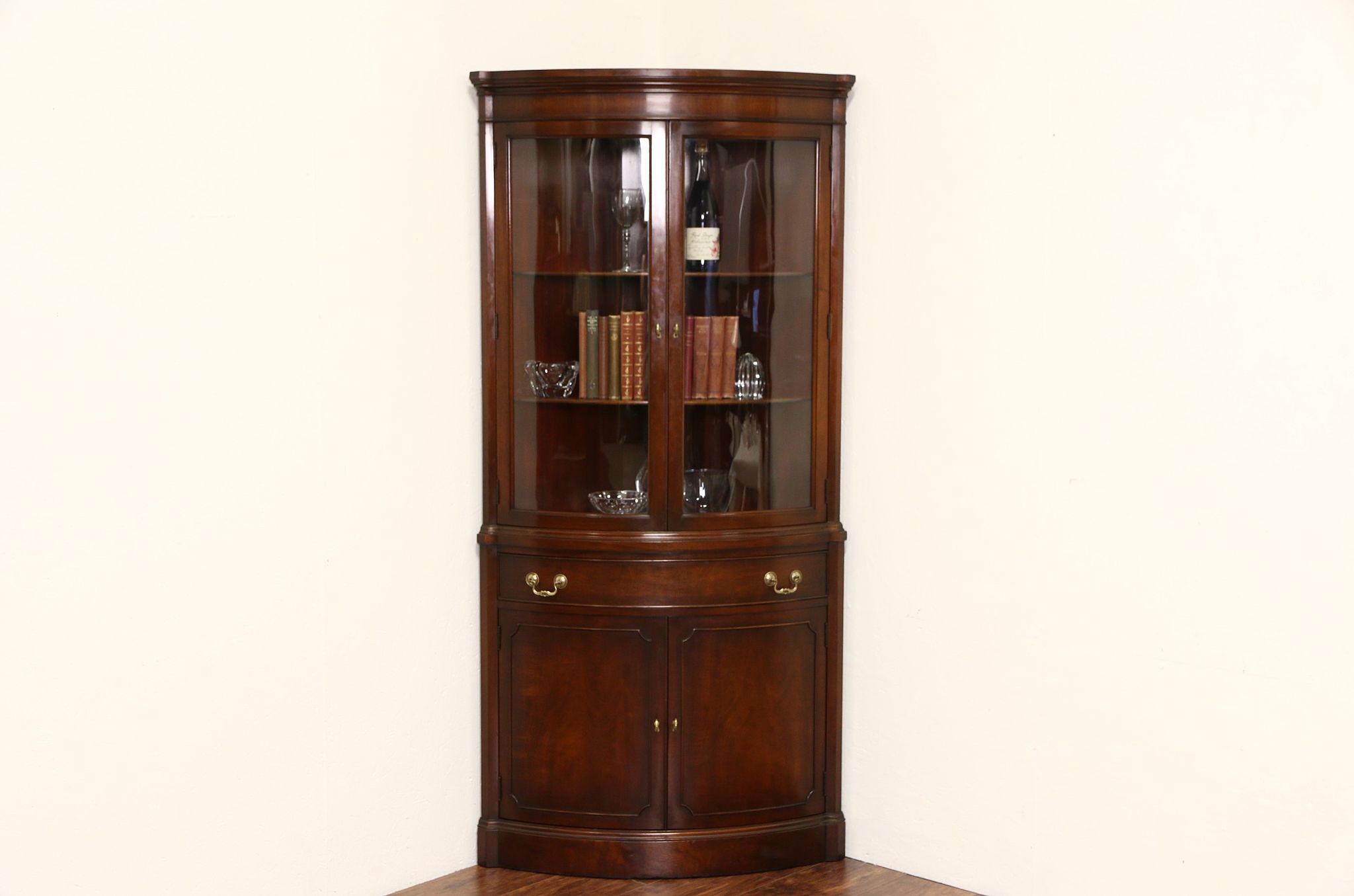 Sold Georgian Vintage Mahogany Curved Glass Corner Cabinet