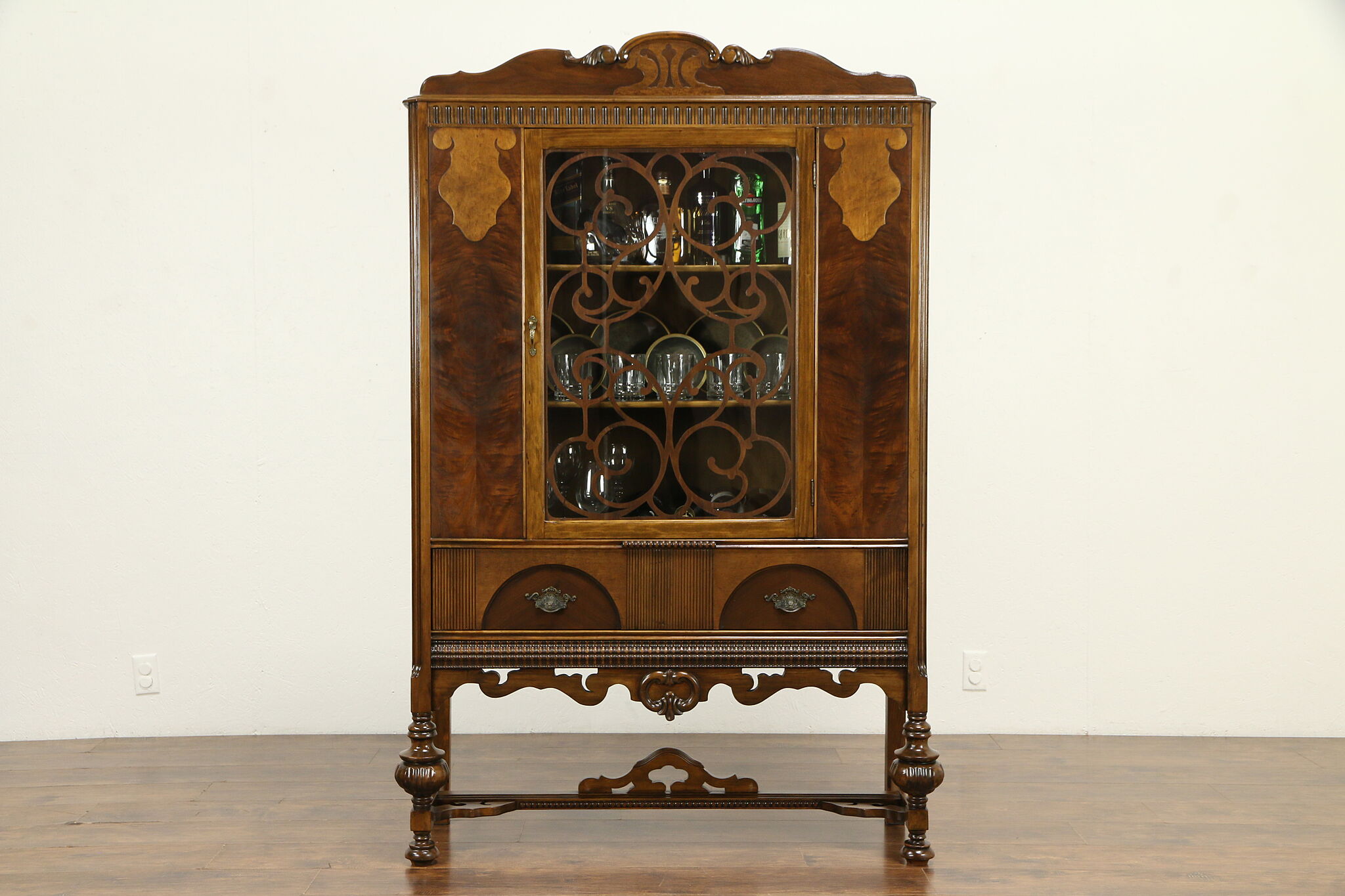 Sold English Tudor Antique Walnut China Display Cabinet Or