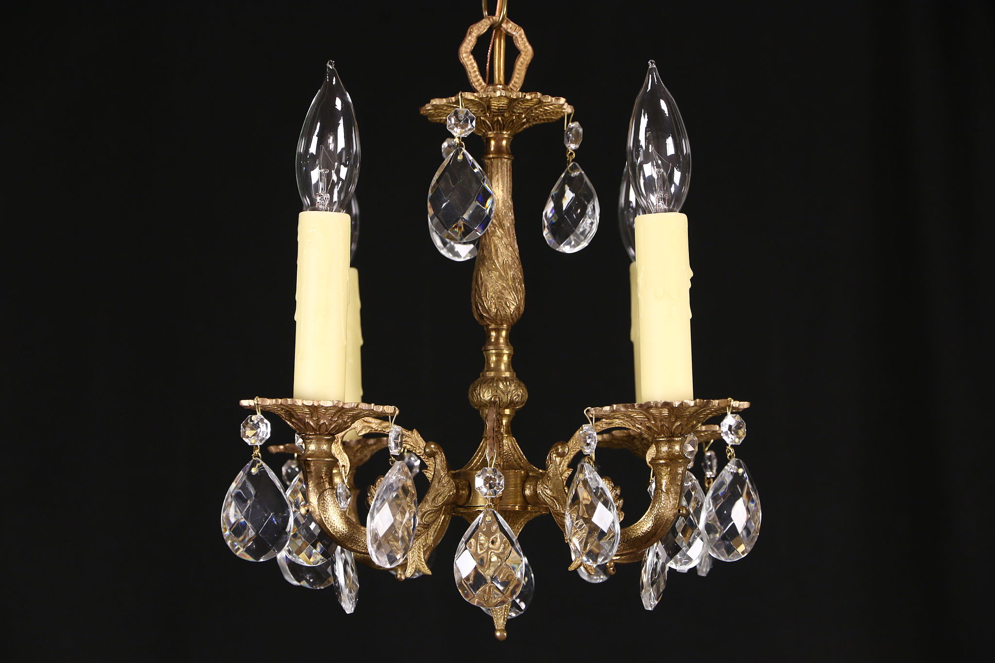 Brass & Crystal Vintage Small Chandelier, 4 Candles