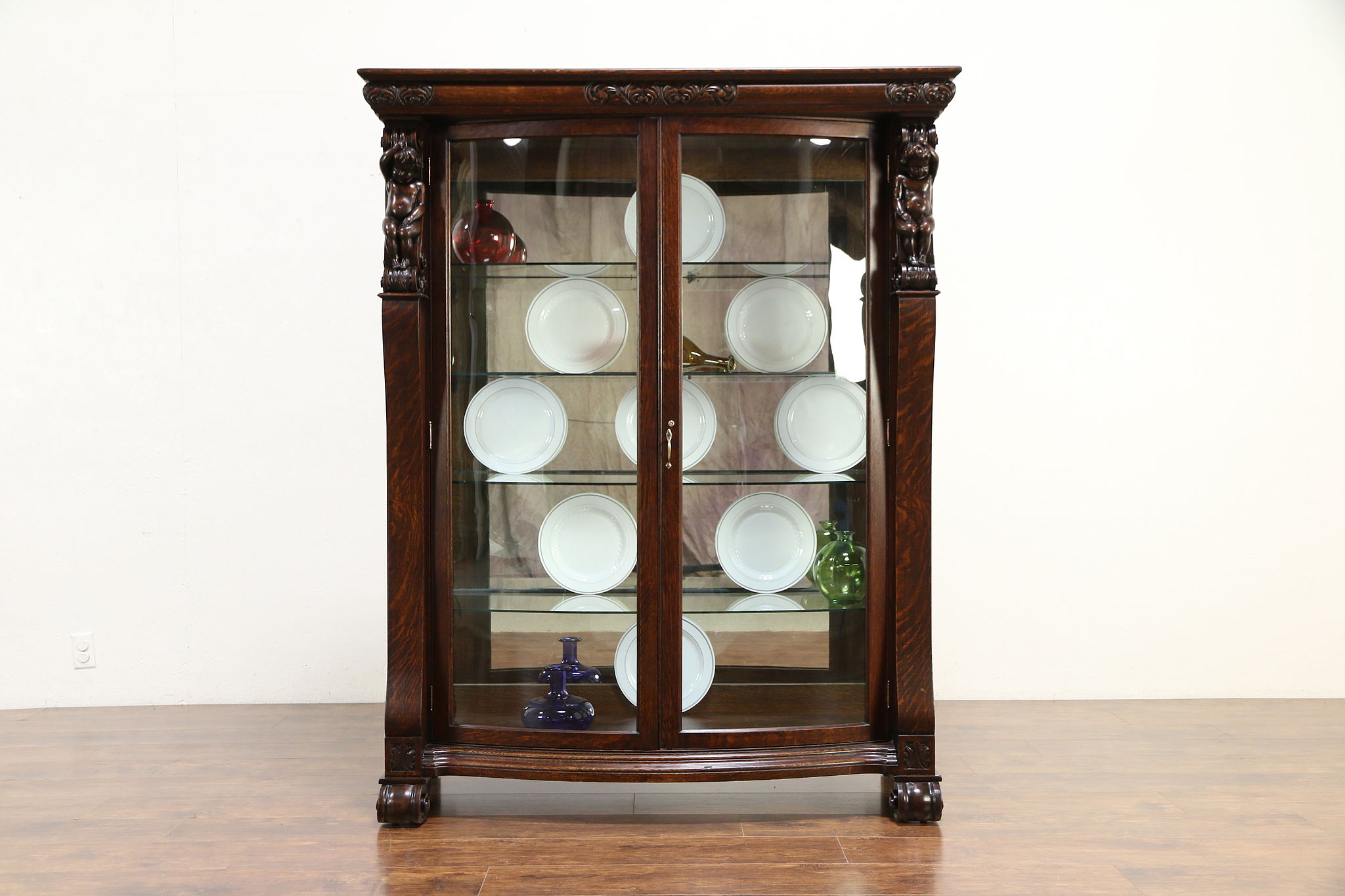 Oak Antique Curved Glass China Curio Display Cabinet Angels Or