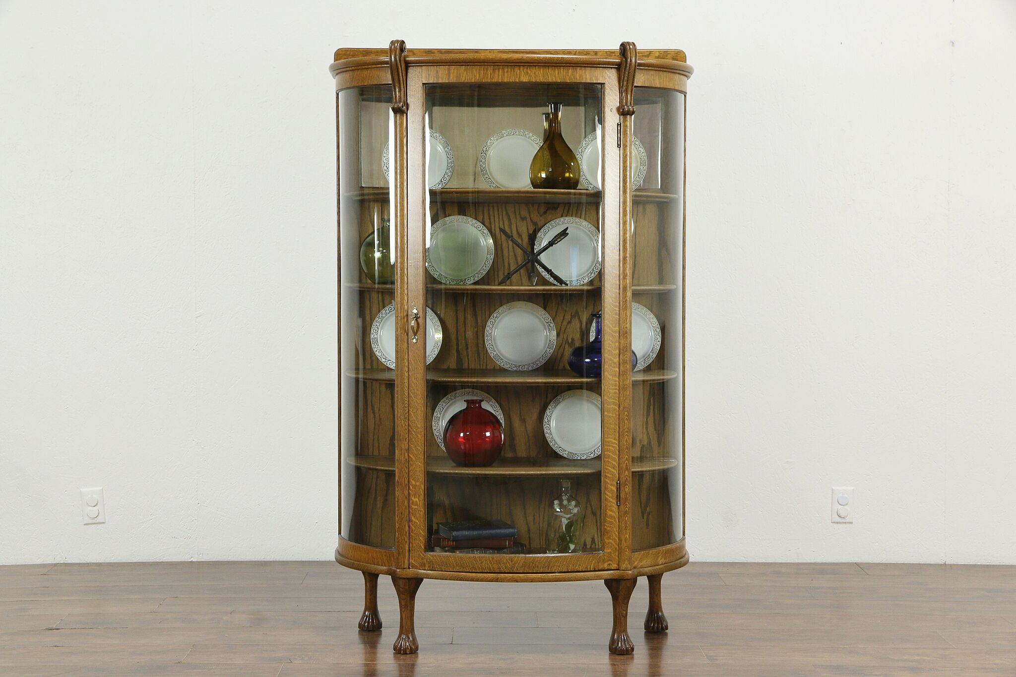 Oak curved glass shop curio cabinet