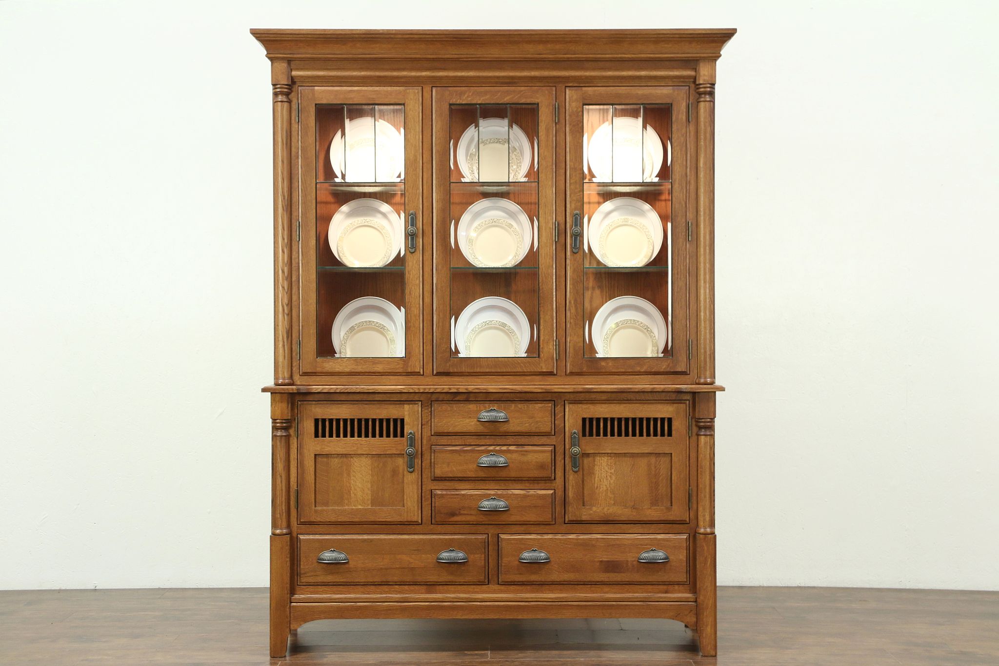 Sold Oak Vintage China Display Cabinet Lighted Beveled Leaded
