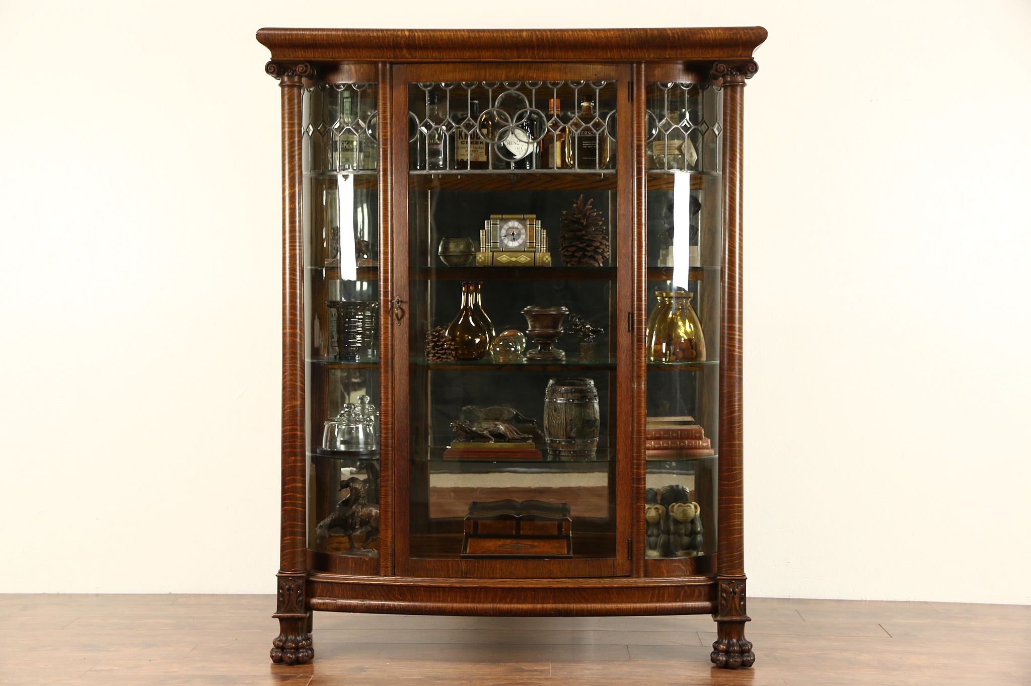 Sold Curved Glass 1900 Antique Oak China Cabinet Curio Display