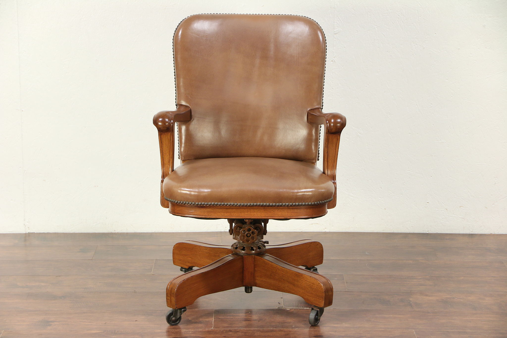 Sold Leather Swivel Adjustable Antique Mahogany Desk Chair