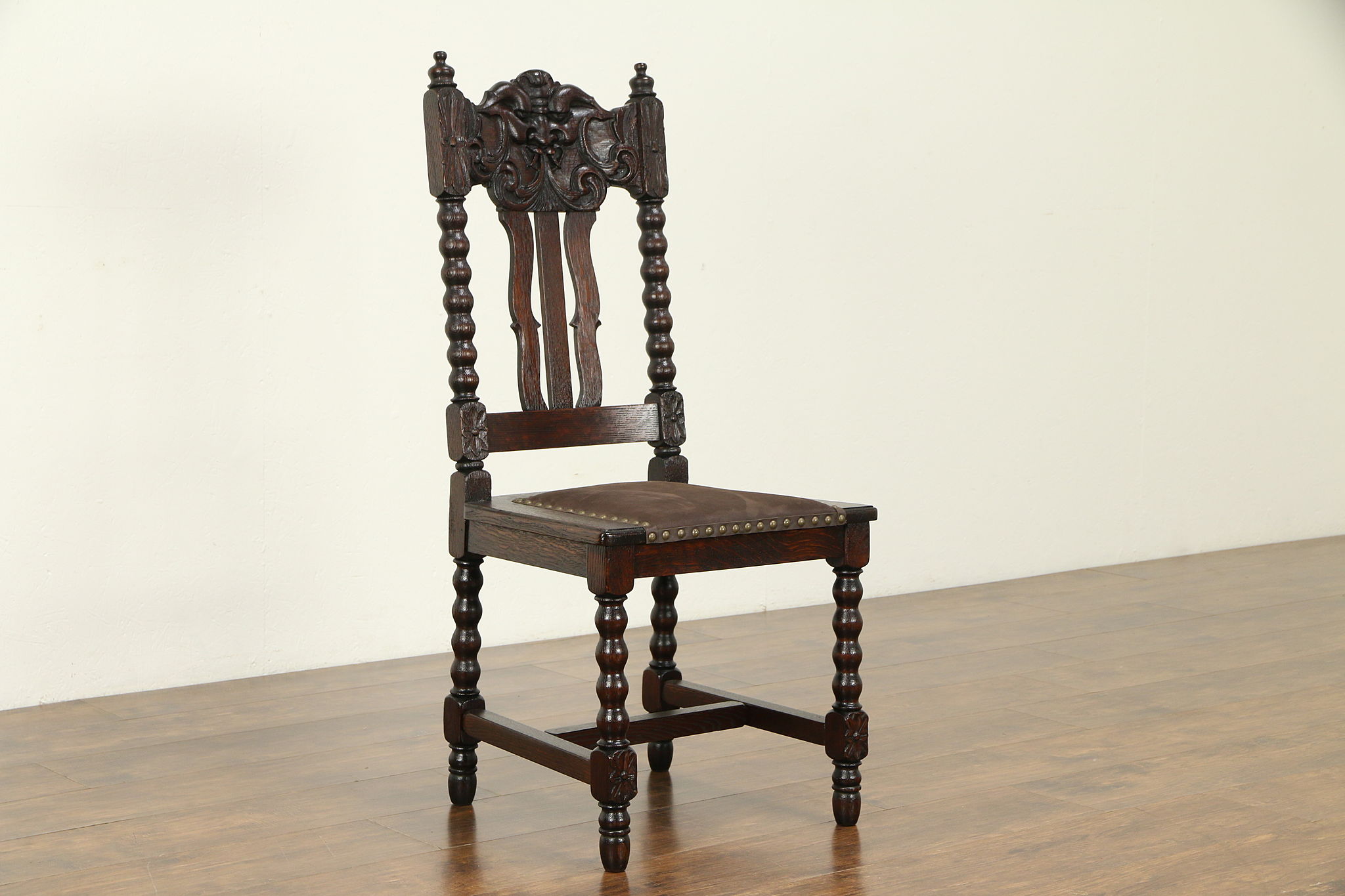 Antique Oak Dining Chair New Leather North Wind Face Carving