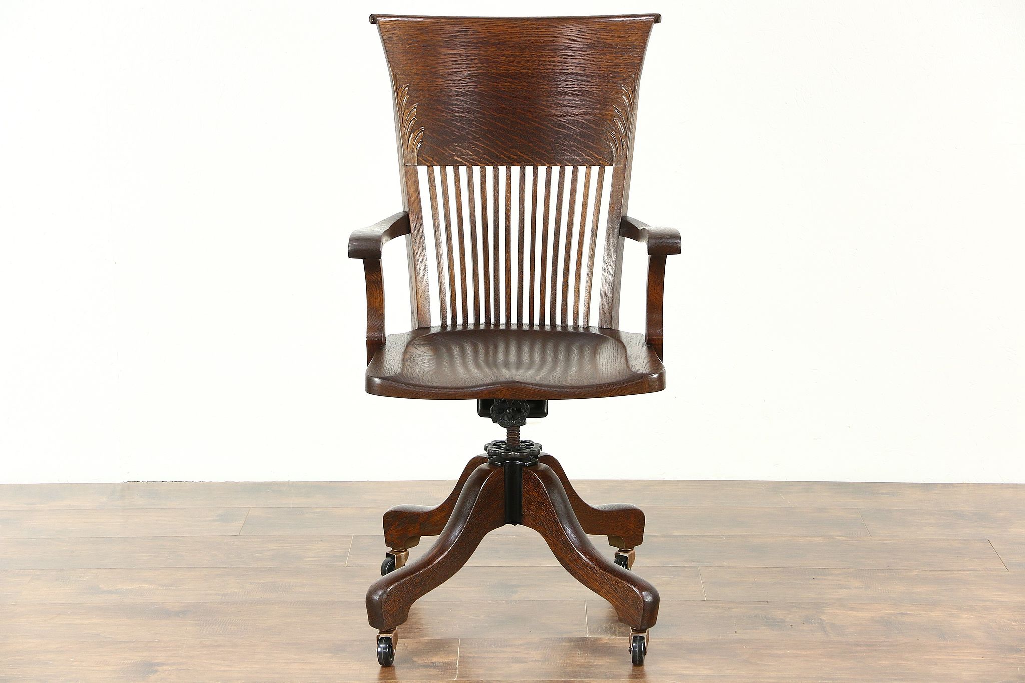 Oak Antique Swivel Adjustable Desk Chair Arms Wheels Signed