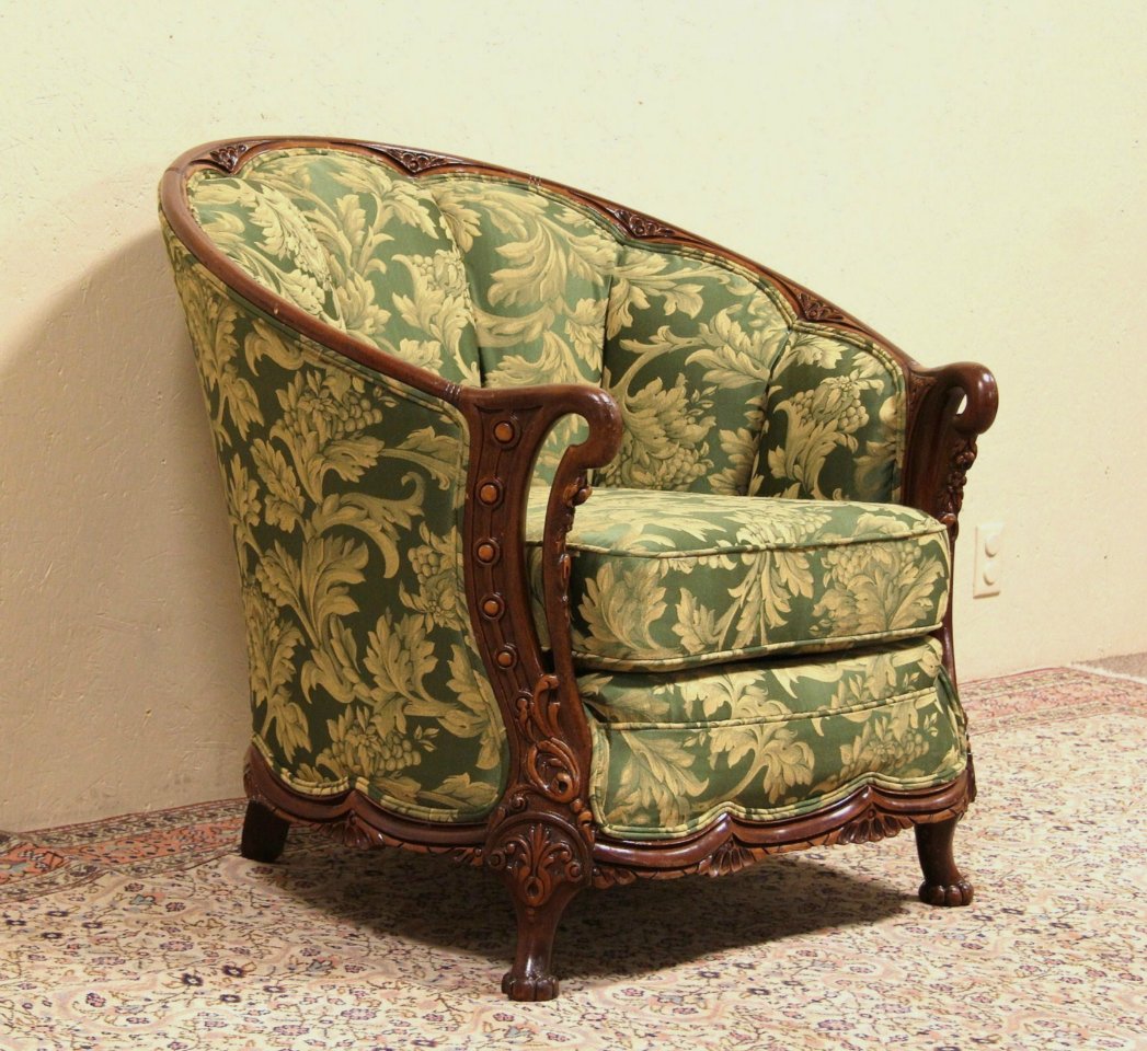 Carved 1930 s Tub Chair Newly Upholstered