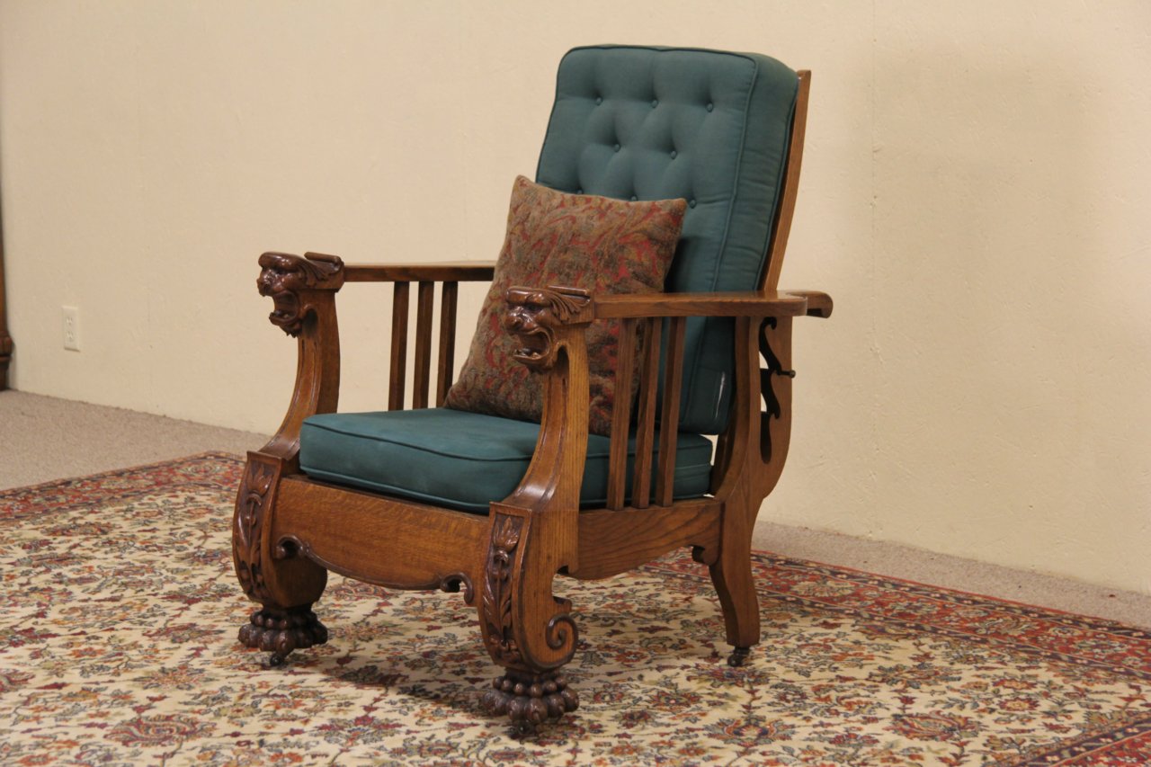 Morris Reclining Chair 1900 Antique Carved Oak Lion Heads Paws