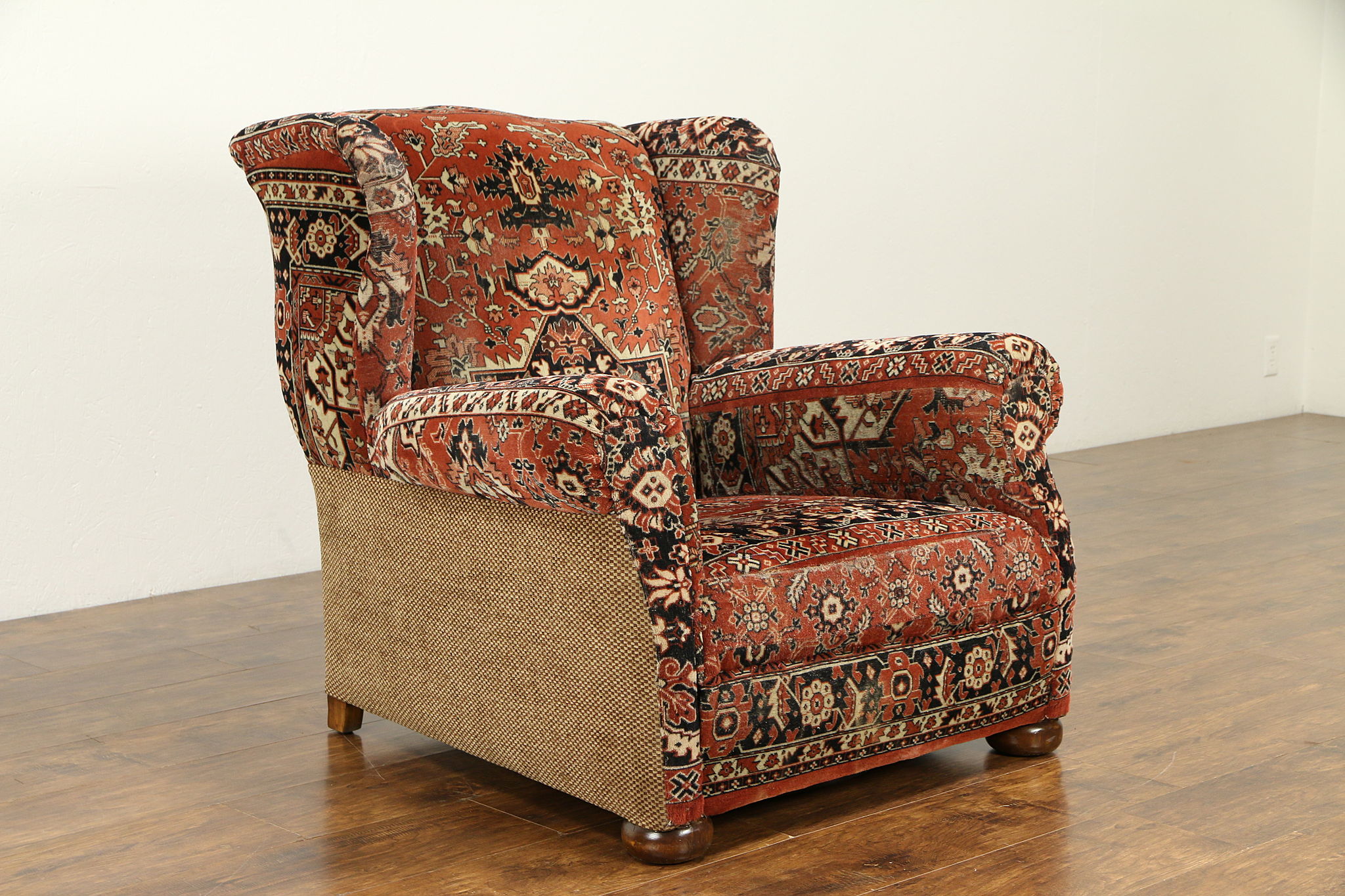 Sold Oriental Rug Upholstered Vintage Large Wing Chair 31764