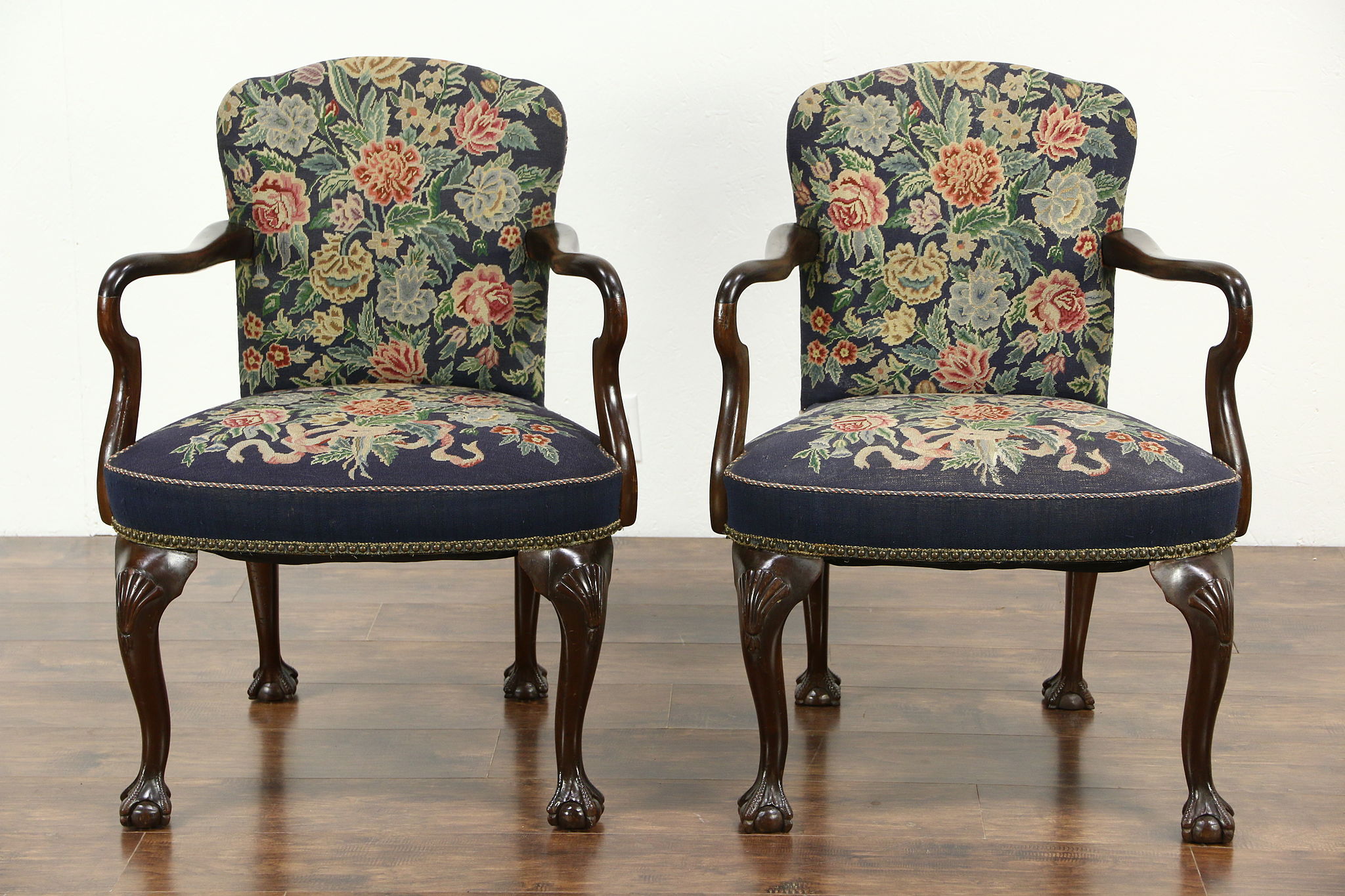 Pair of 1920's Carved Antique Georgian Chairs with Arms, Needlepoint  Upholstery