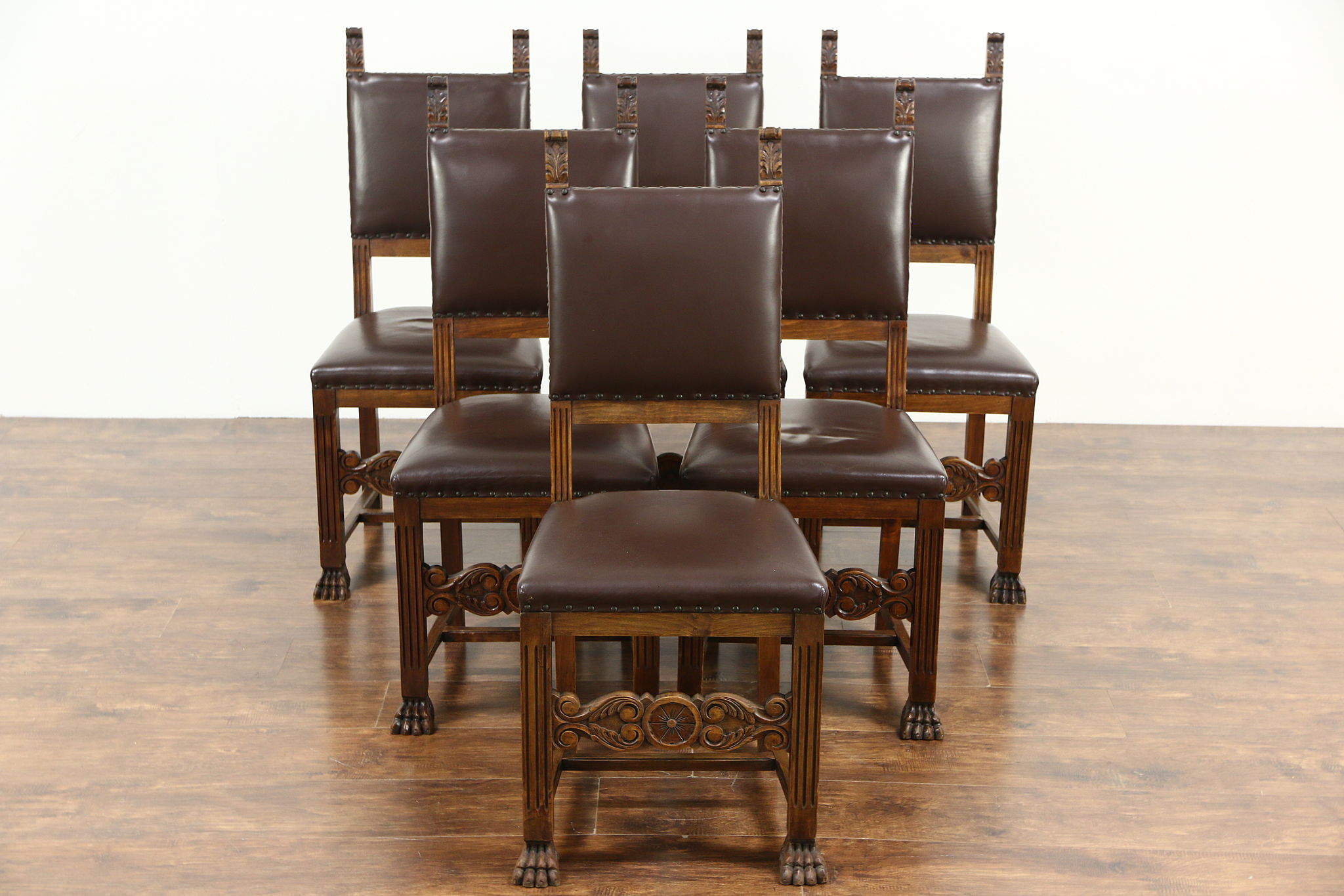 Set 6 Antique French Dining Chairs Renaissance Carved Oak Lion