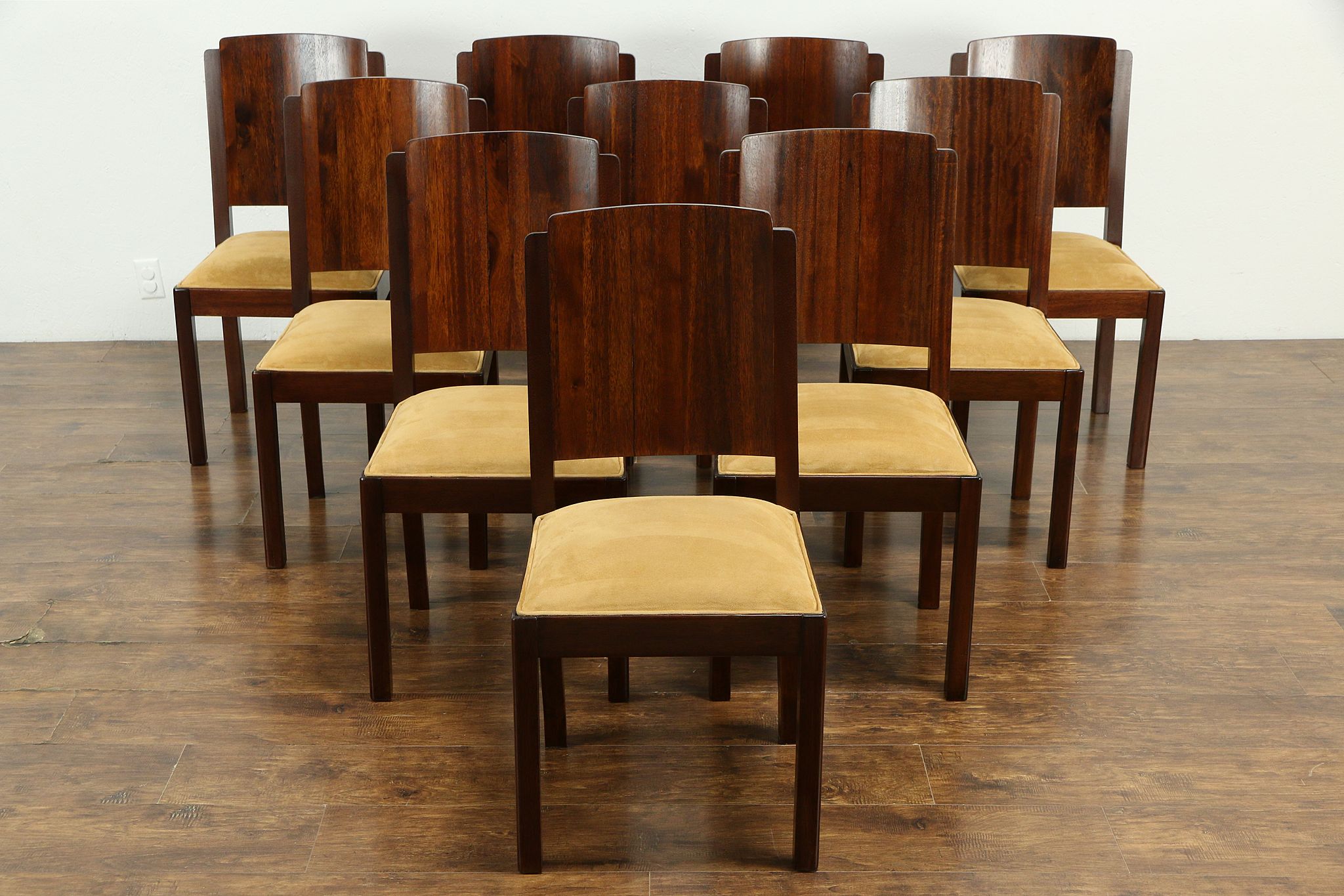 Sold Set Of 10 Italian Art Deco Dining Chairs Mahogany Faux Suede 33166 Harp Gallery Antiques Furniture