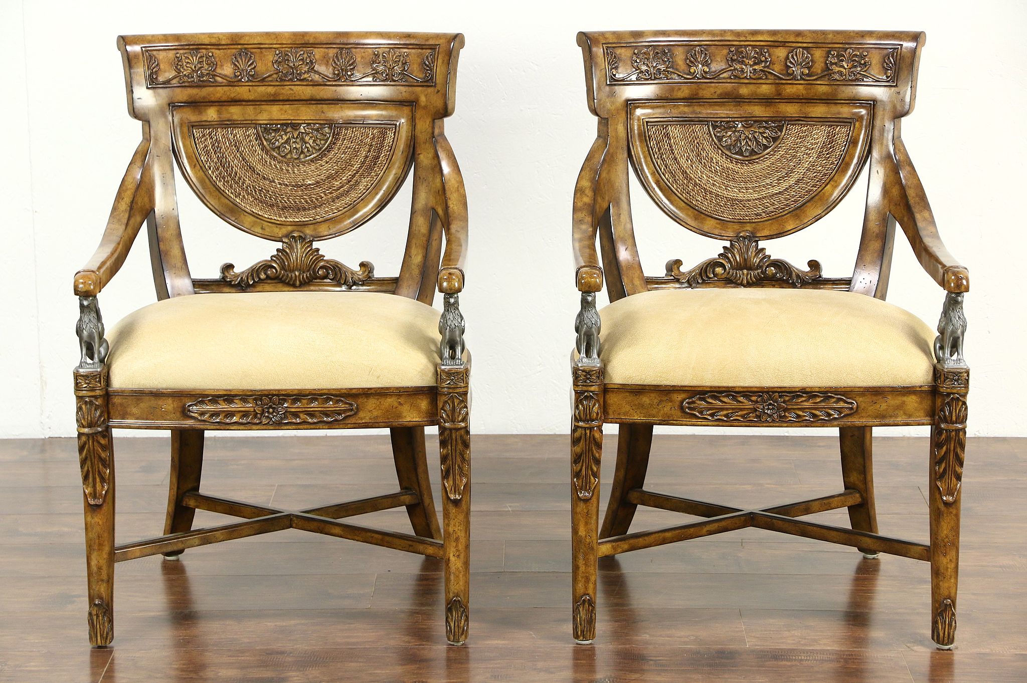 Maitland Smith Signed Pair Of Carved Classical Chairs Griffin Sculptures