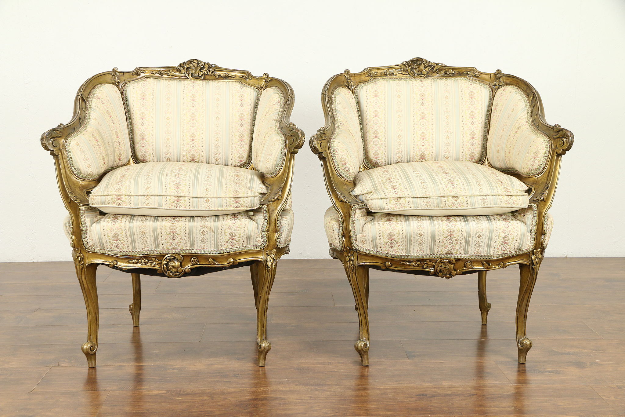 Pair of French Rococo Antique 1900 Carved & Gilt Chairs, Down Cushions