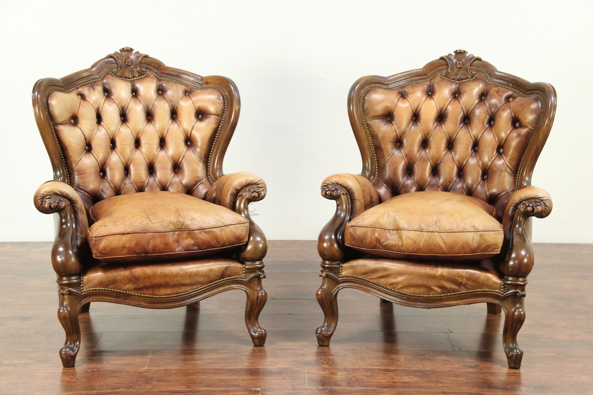 Pair Of Carved Fruitwood Wing Back, Antique Wooden Wingback Chair