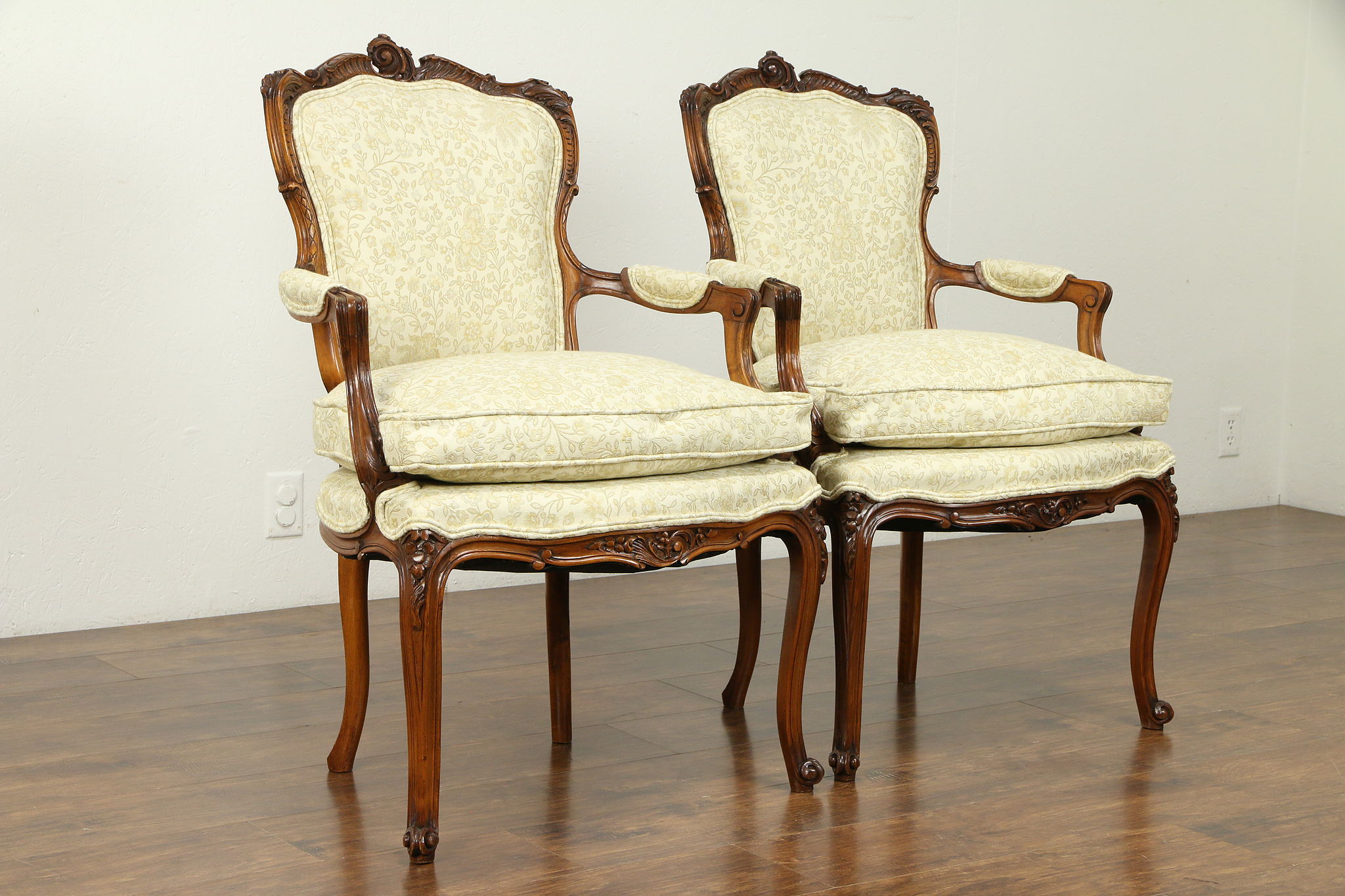 Pair of Antique French Rococo Carved Chairs, New Upholstery, Down