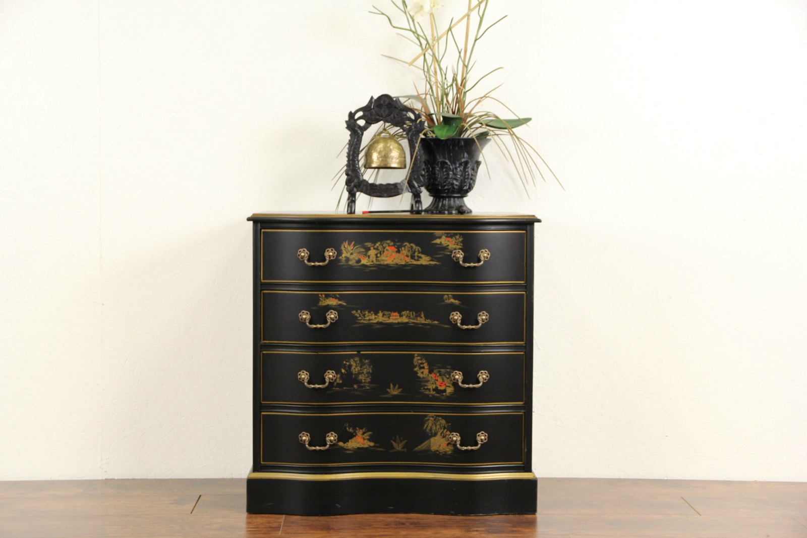 Sold Asian Chinese Black Lacquer Vintage Hall Chest Dresser Or