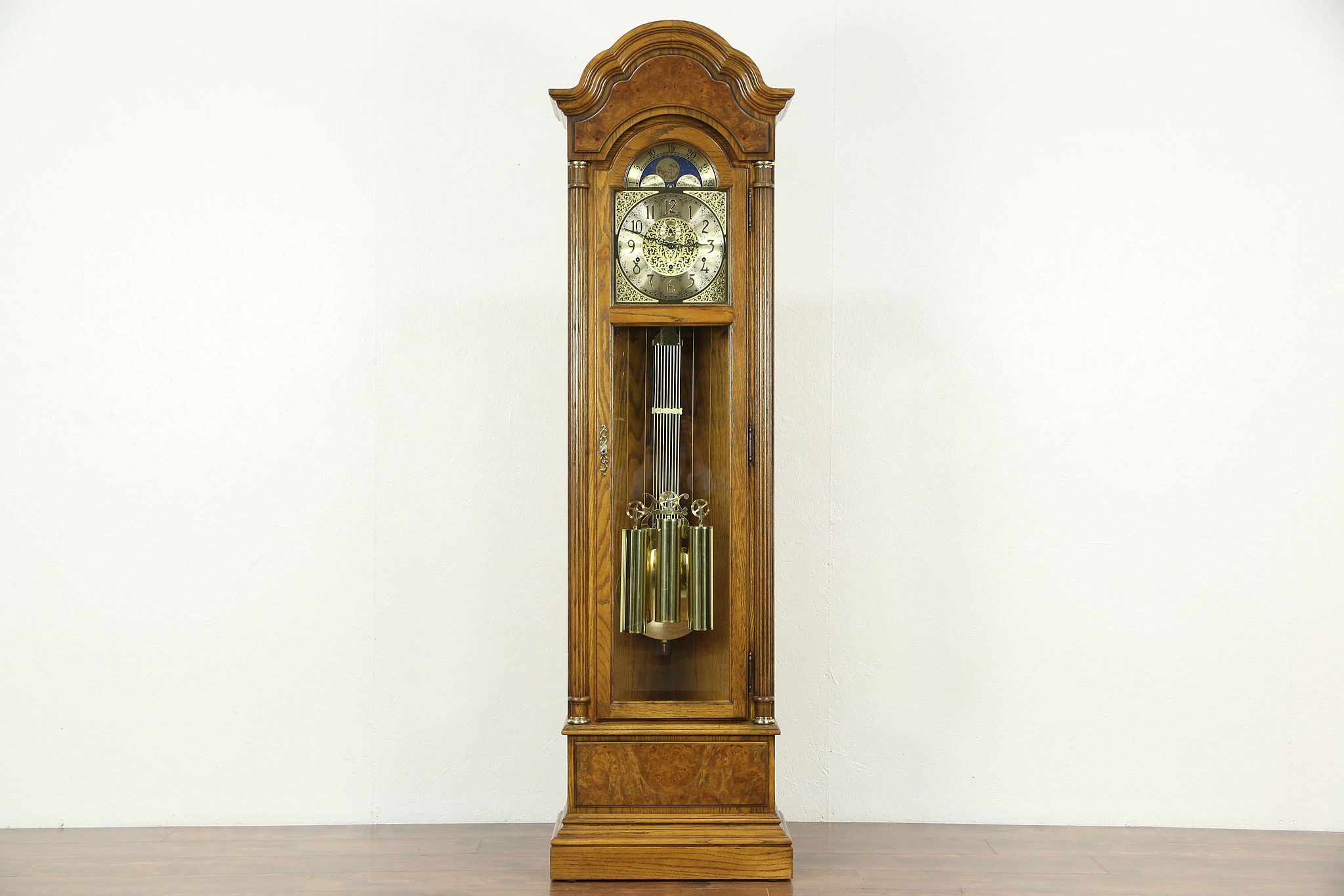 Sold Oak Burl Long Case Grandfather Clock Westminster Chime