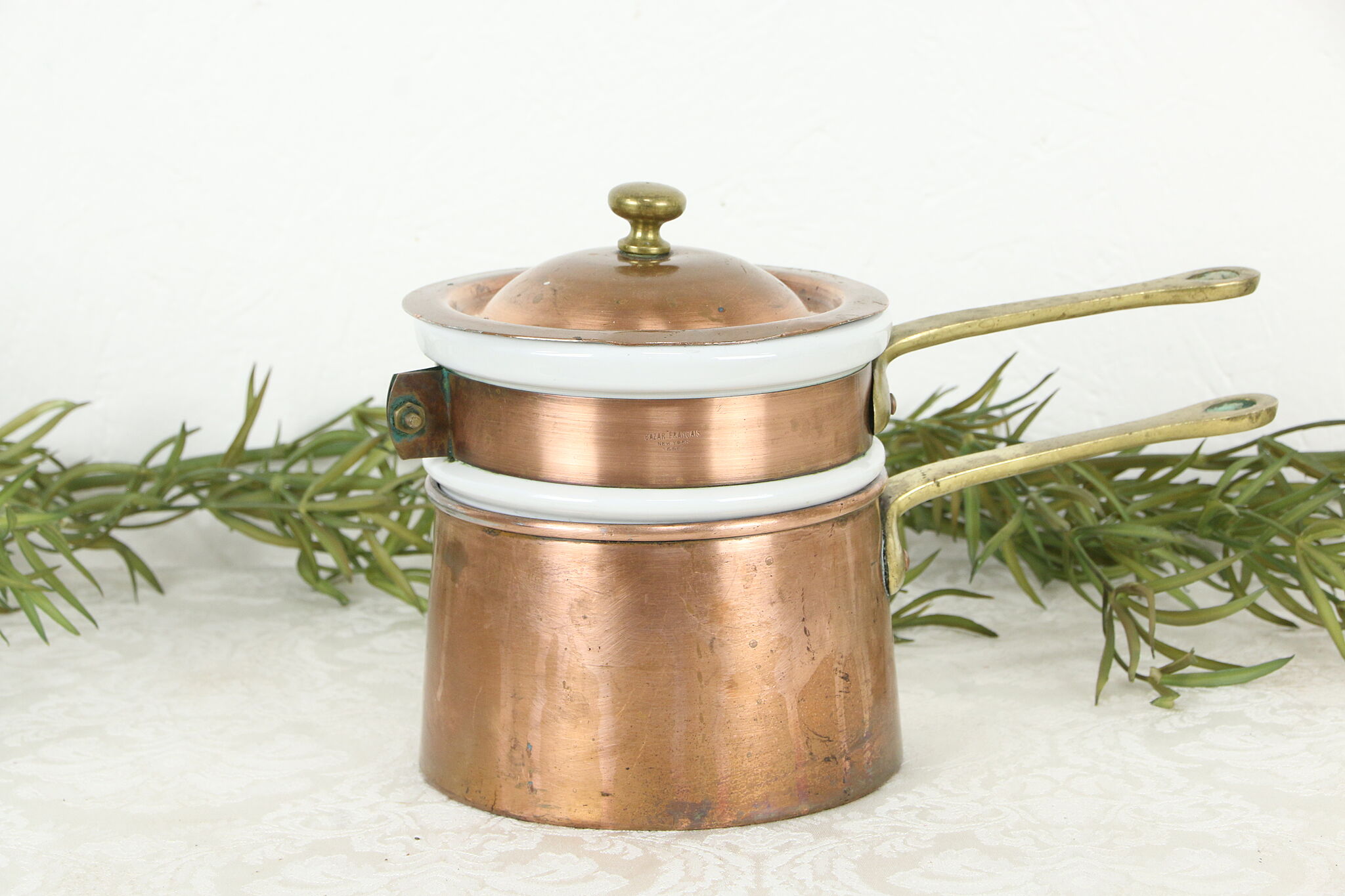 Copper Antique Fondue Pot or Double Boiler, Hall, Bazar Francaise