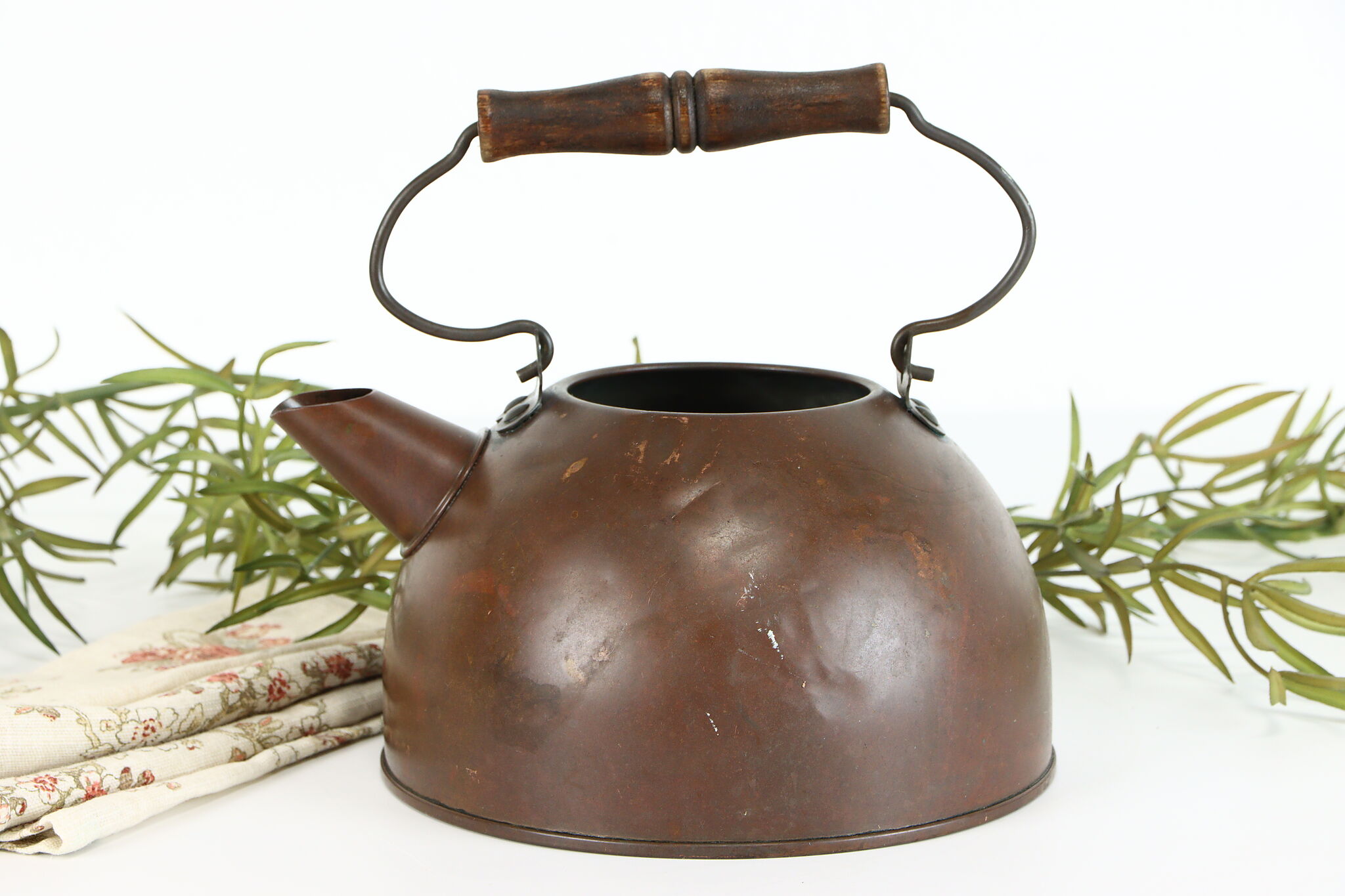 Copper Farmhouse Antique Wooden Handle Teapot or Kettle