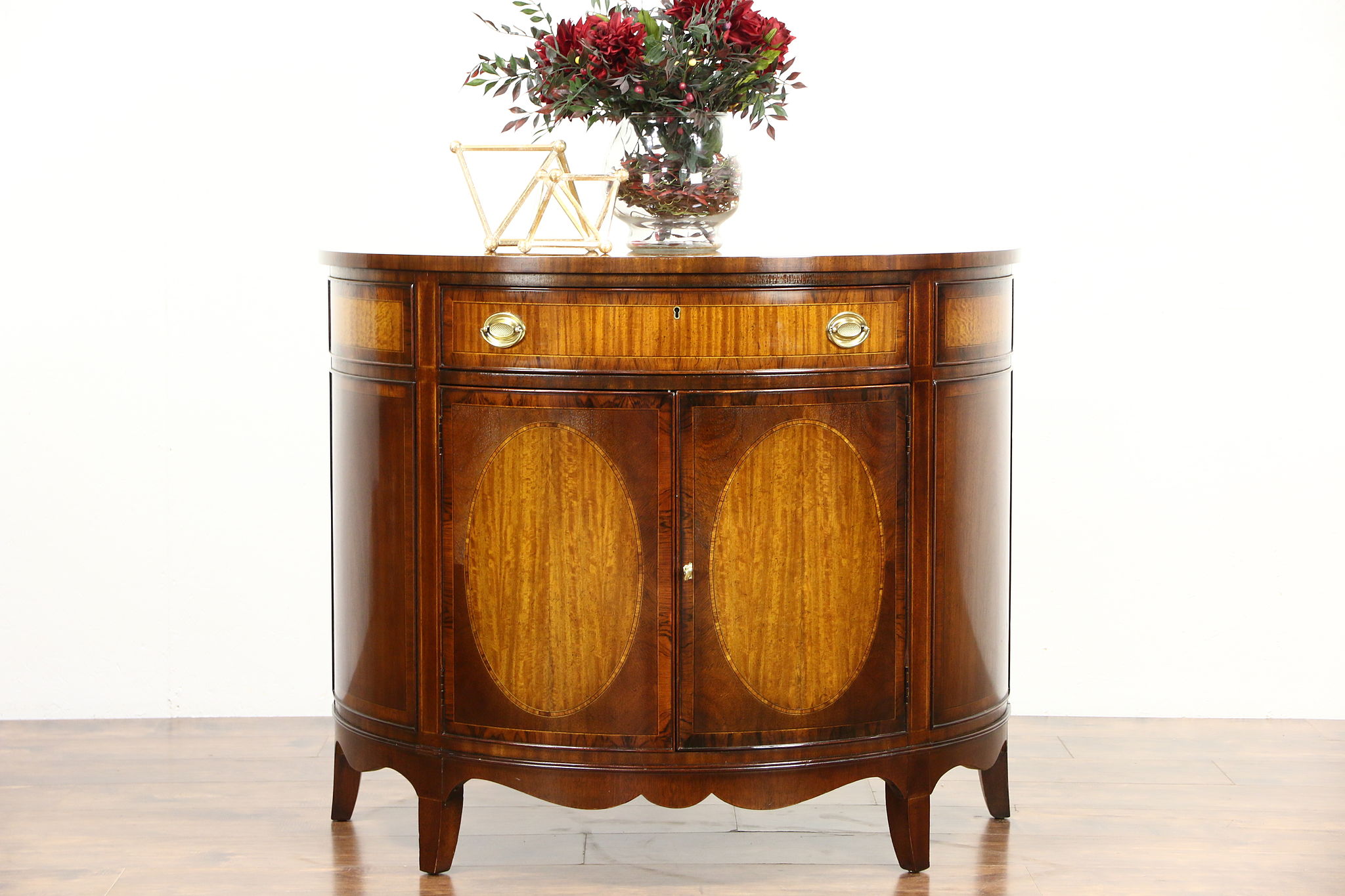 Sold Demilune Half Round Vintage Rosewood Banded Hall Console