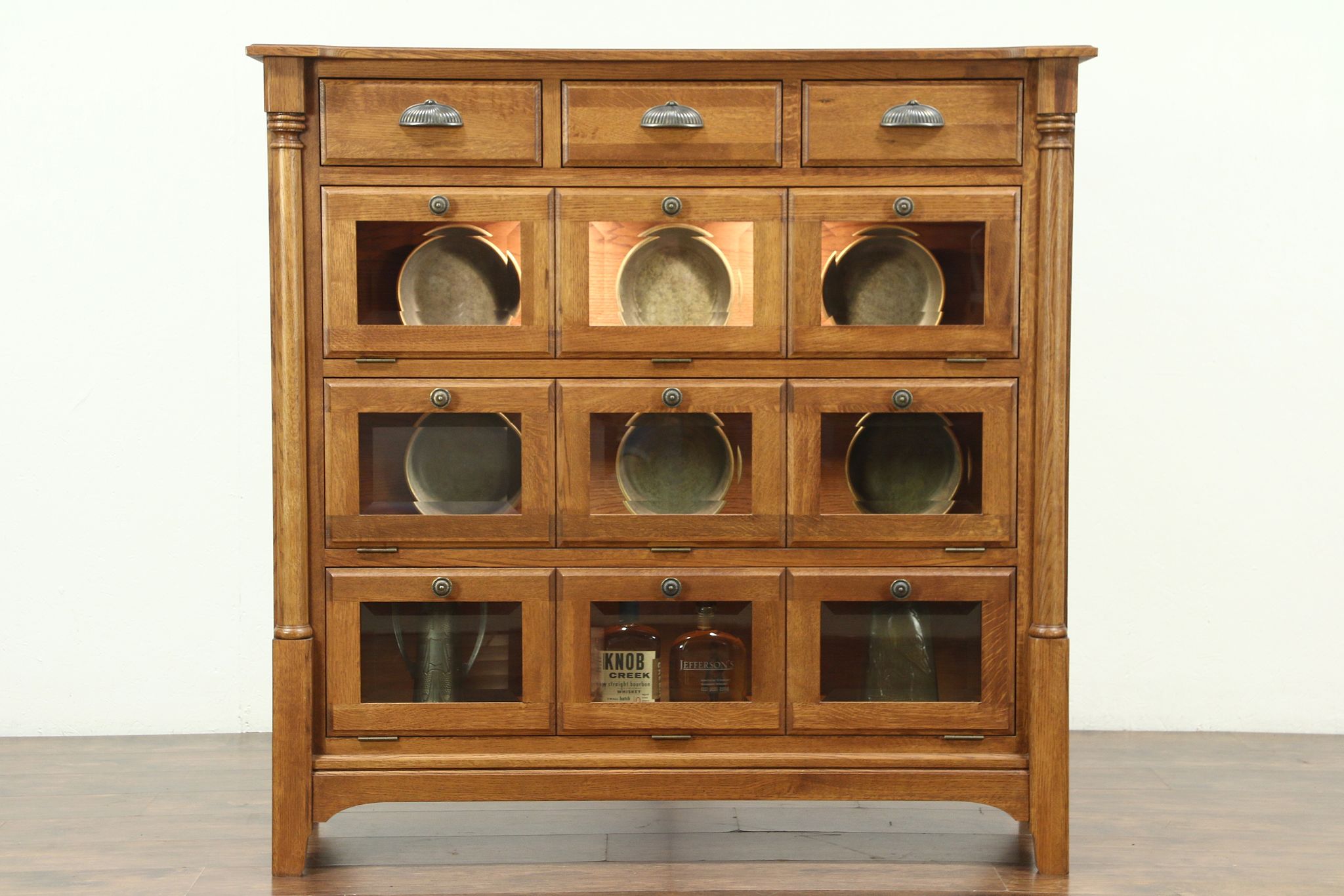 Sold Oak Vintage China Display Cabinet Lighted Beveled Glass