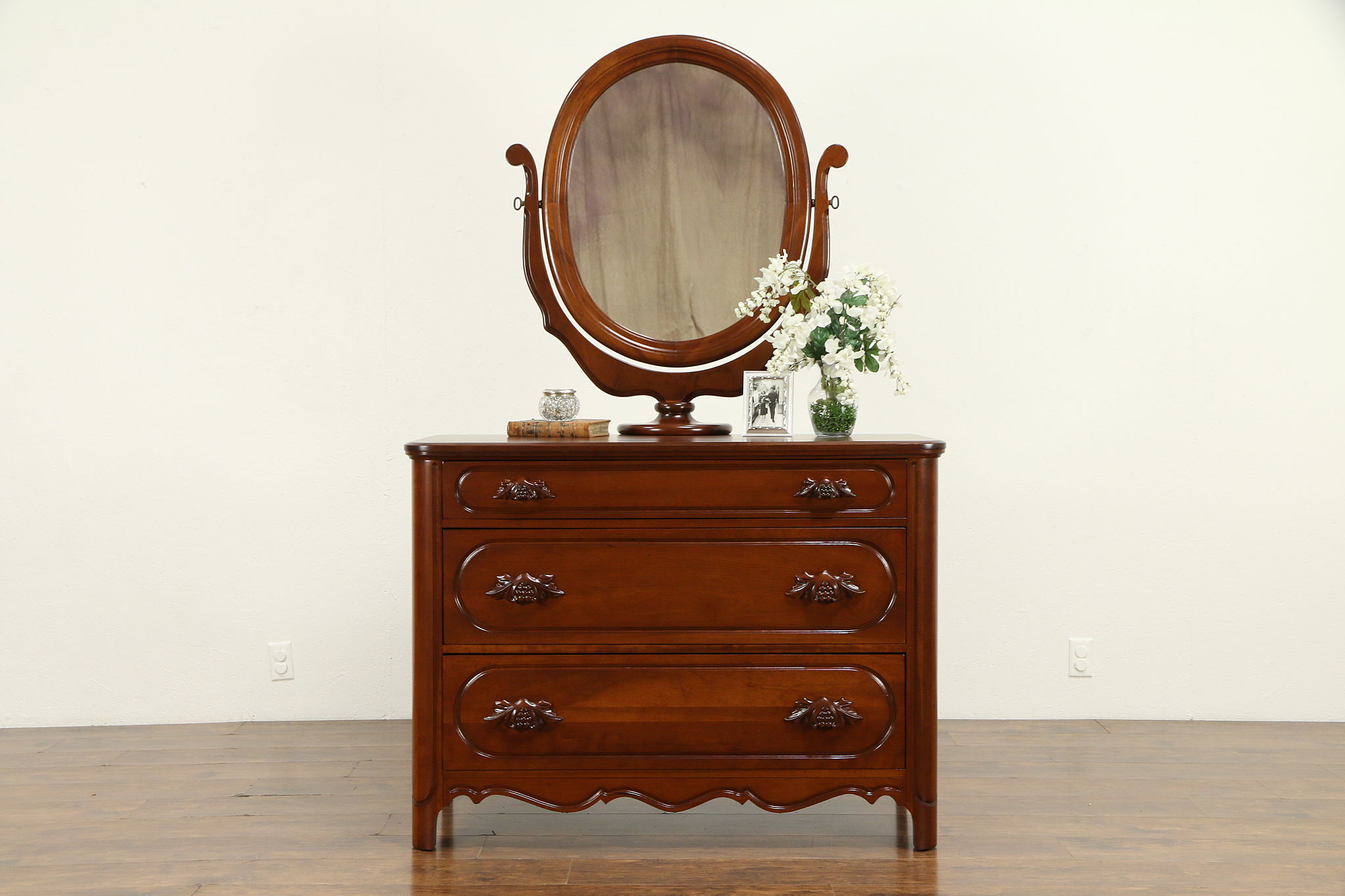 Cherry Vintage Chest Or Dresser Carved Pulls Swivel Mirror