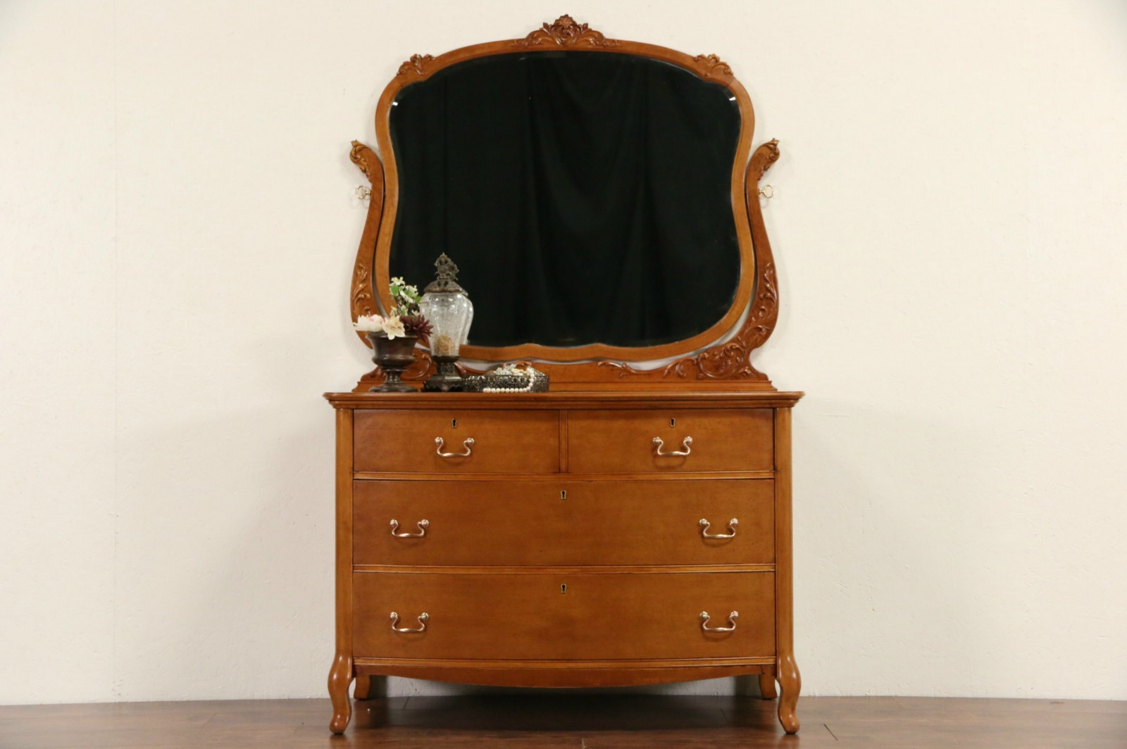 Curly Or Birdseye Maple 1910 Antique Chest Or Dresser Signed Widdicomb