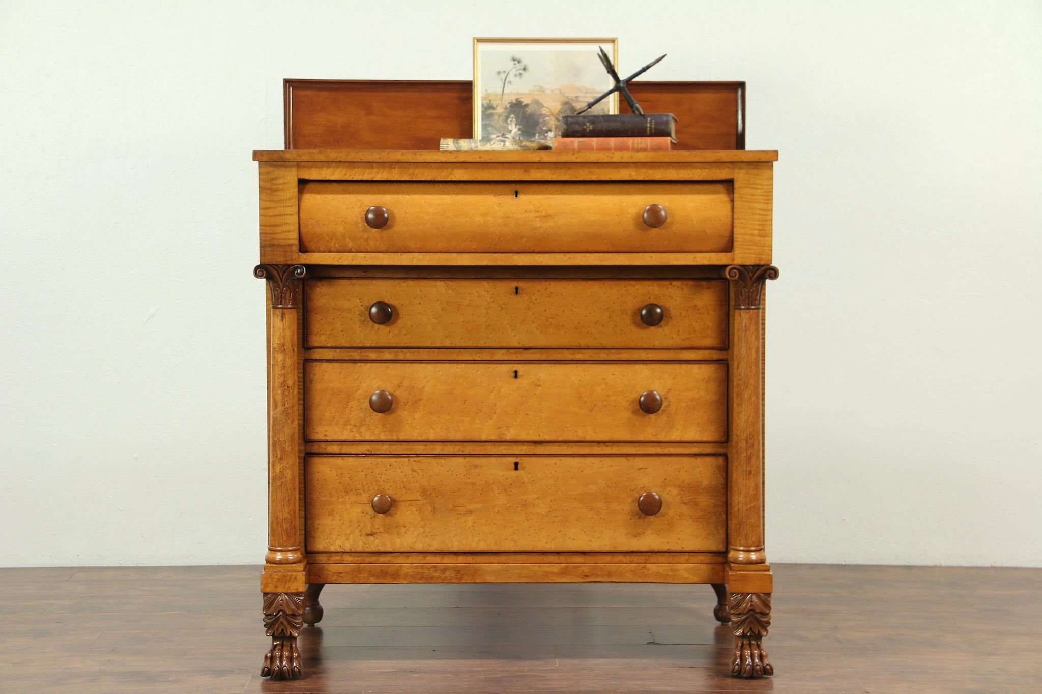 Sold Empire Antique Cherry Curly Birdseye Maple Chest Or