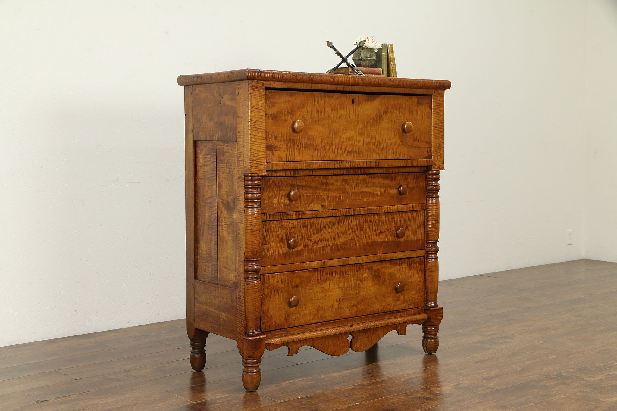 Sold Empire Tiger Curly Maple Antique 1825 Chest Or Dresser