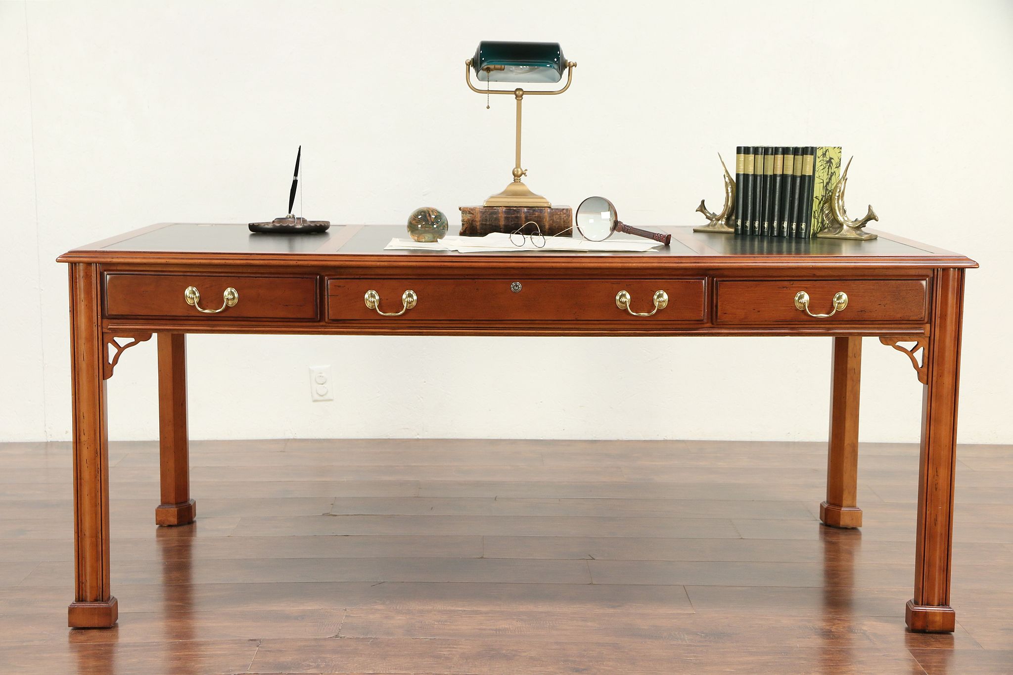 Sold Cherry Vintage Library Writing Desk Tooled Leather Signed