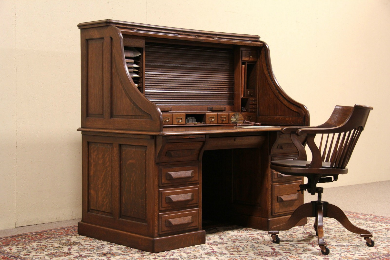 Sold Oak 1900 Antique Double Roll Top 5 Raised Panel Desk