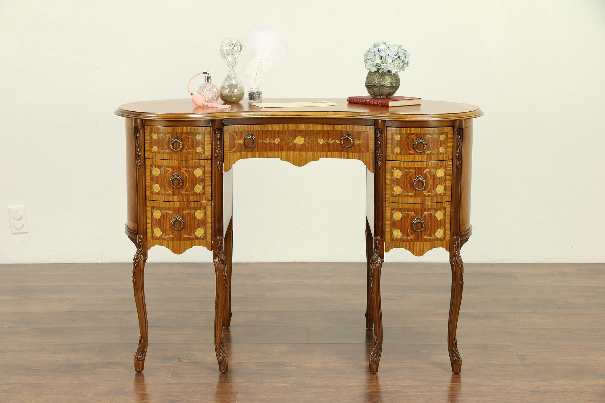 Sold Kidney Shape Vintage Carved Mahogany Desk Marquetry
