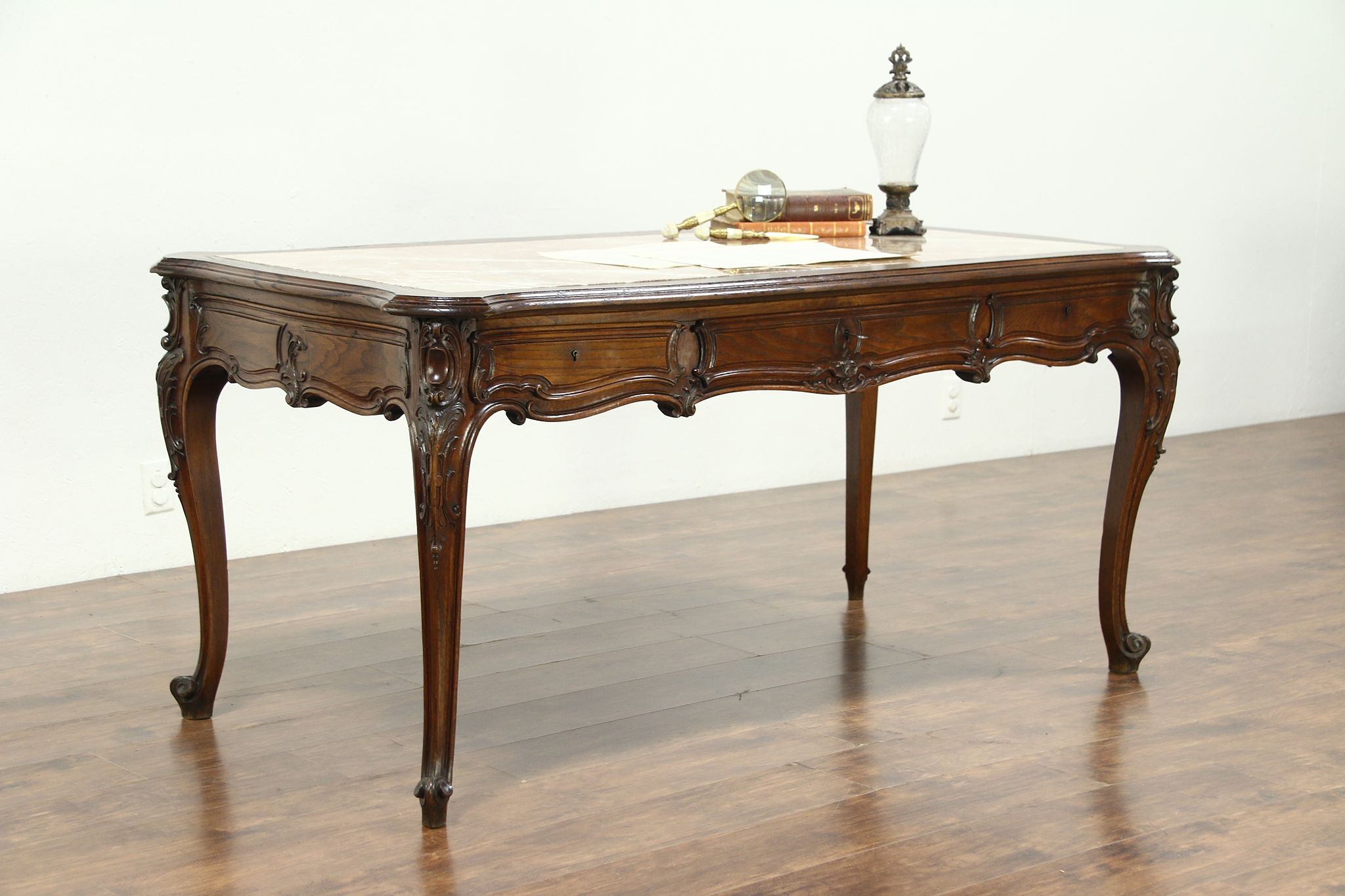 Sold Country French Hand Carved Oak Antique Library Desk Marble