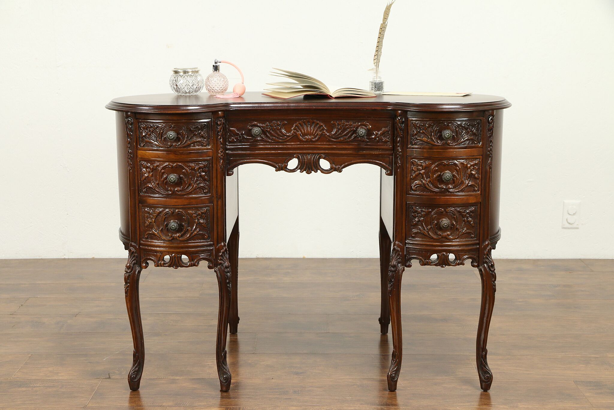 Sold Carved Walnut Kidney Shape 1930 Vintage Desk 31188 Harp