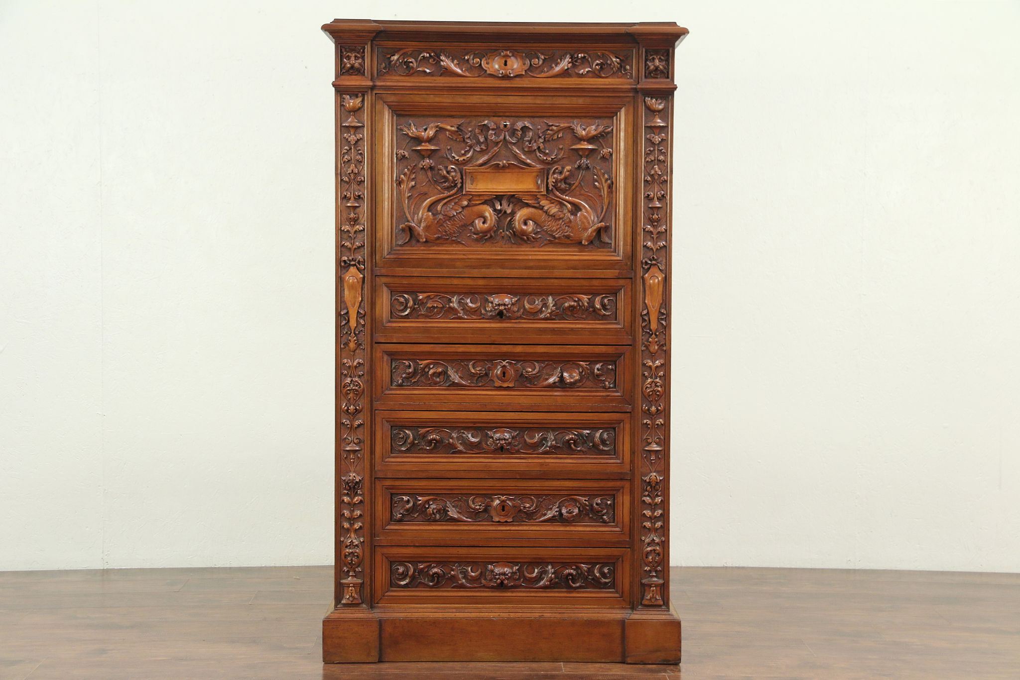 Italian Antique Walnut Library Secretary Desk Hand Carved Dragons Lions 29151
