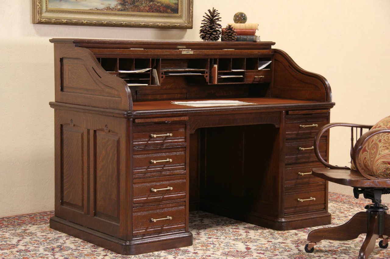 Sold Oak Victorian Antique Roll Top Desk Raised Panels Leather